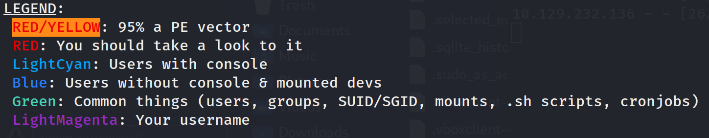 Légende des couleurs de LinPEAS indiquant le niveau de criticité des vulnérabilités