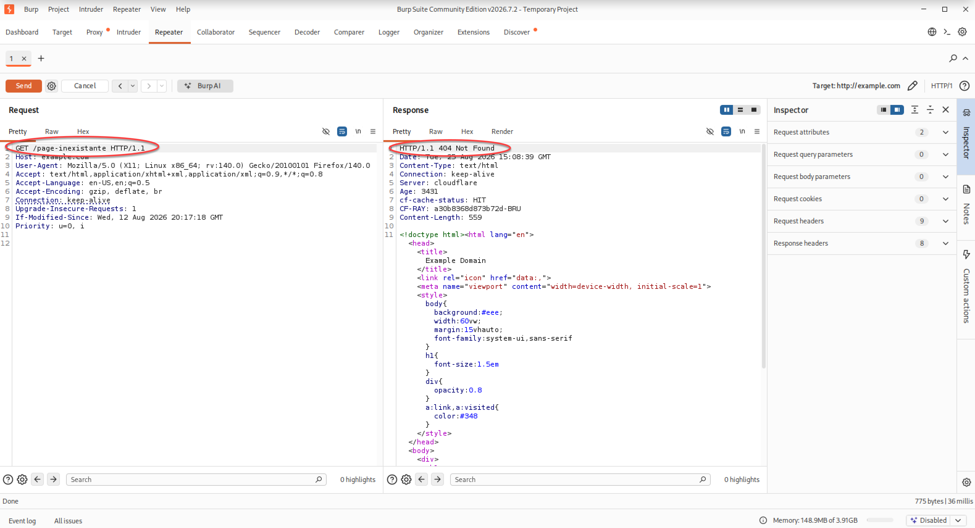 Requête modifiée dans Burp Suite Repeater vers une page inexistante et réponse HTTP 404 Not Found