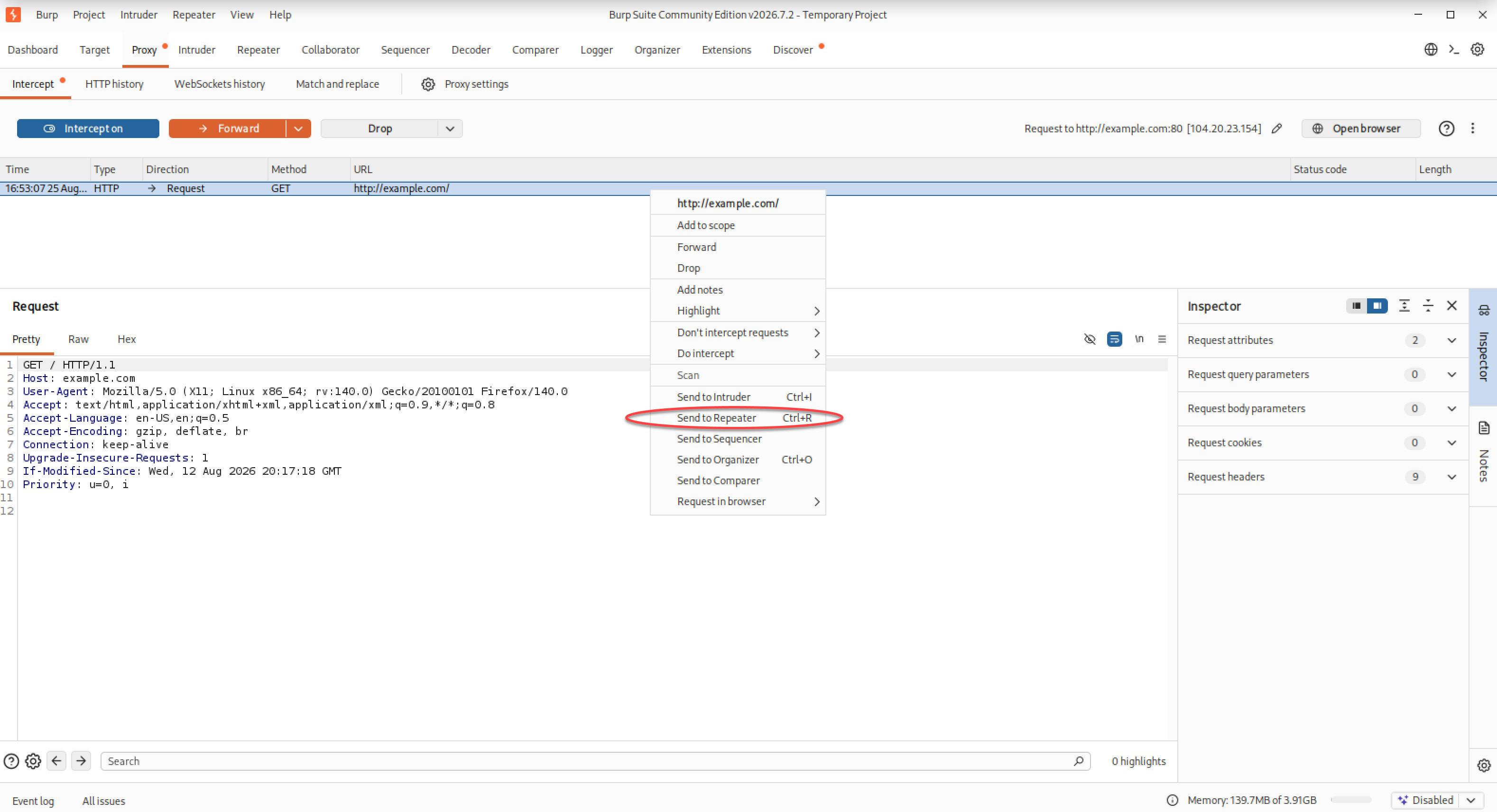 Menu contextuel de Burp Suite permettant d’envoyer la requête interceptée vers Repeater