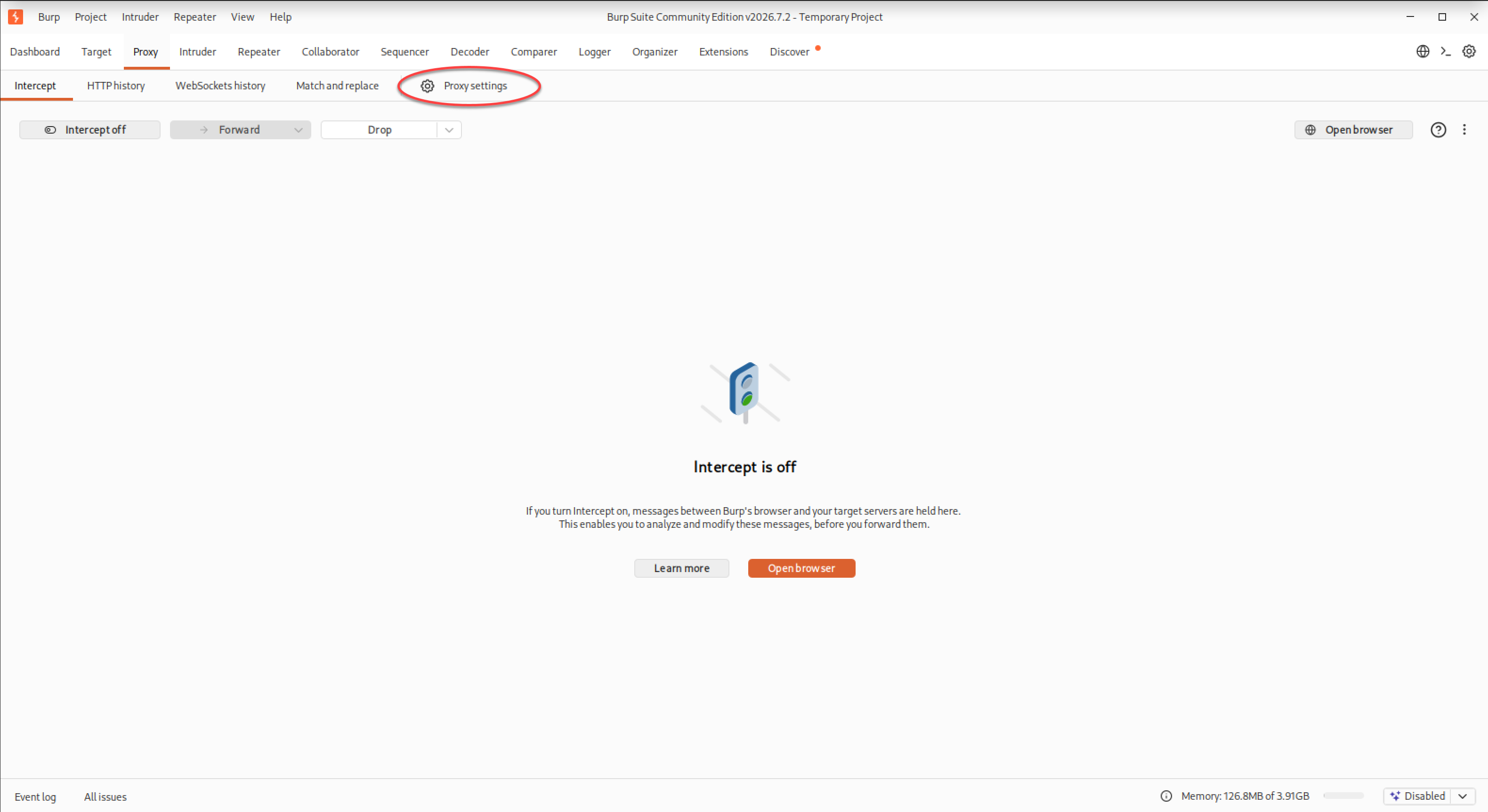 Onglet Proxy de Burp Suite avec l’accès aux paramètres du proxy