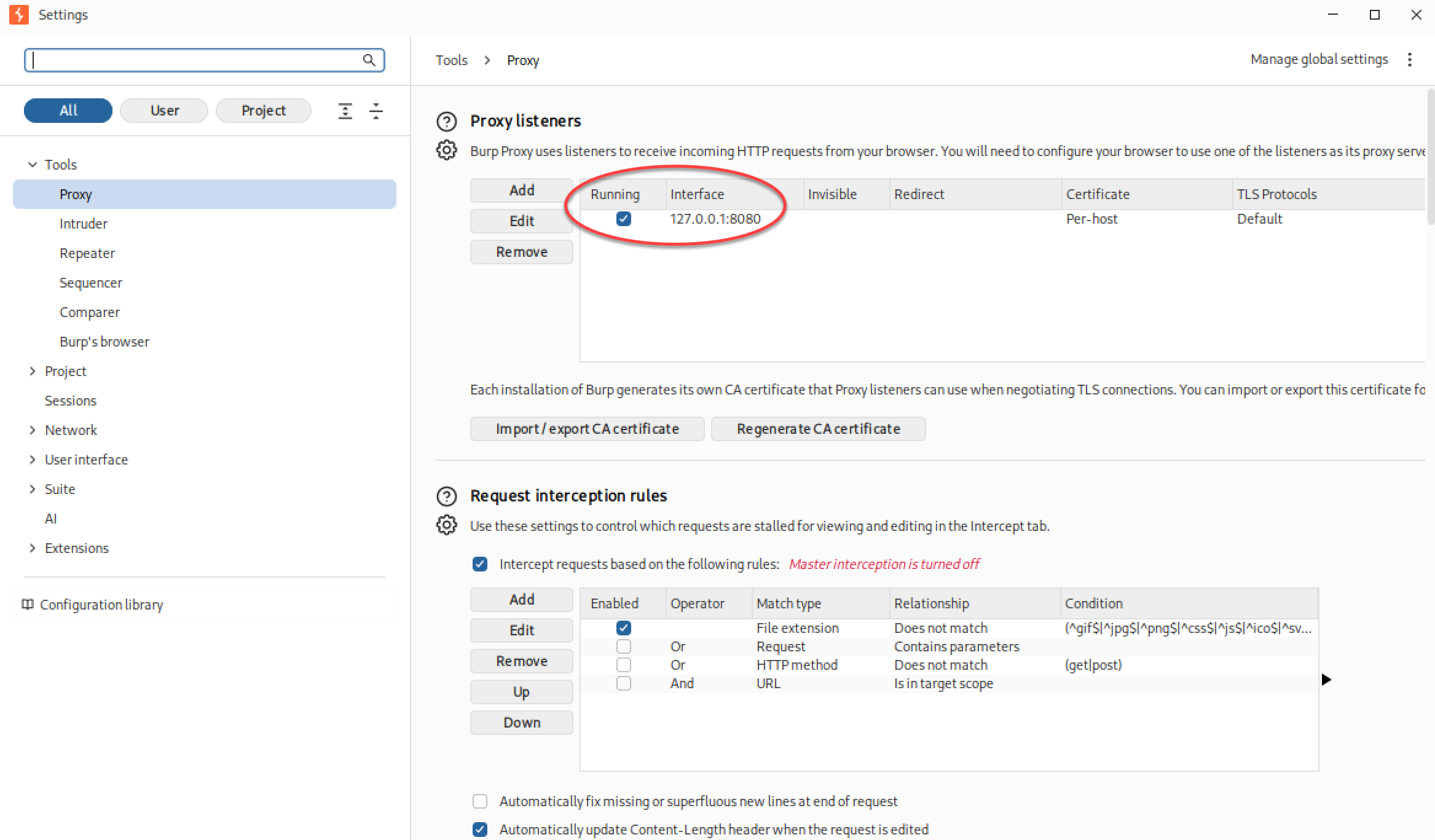 Paramètres du proxy de Burp Suite montrant le listener actif sur l’interface 127.0.0.1:8080