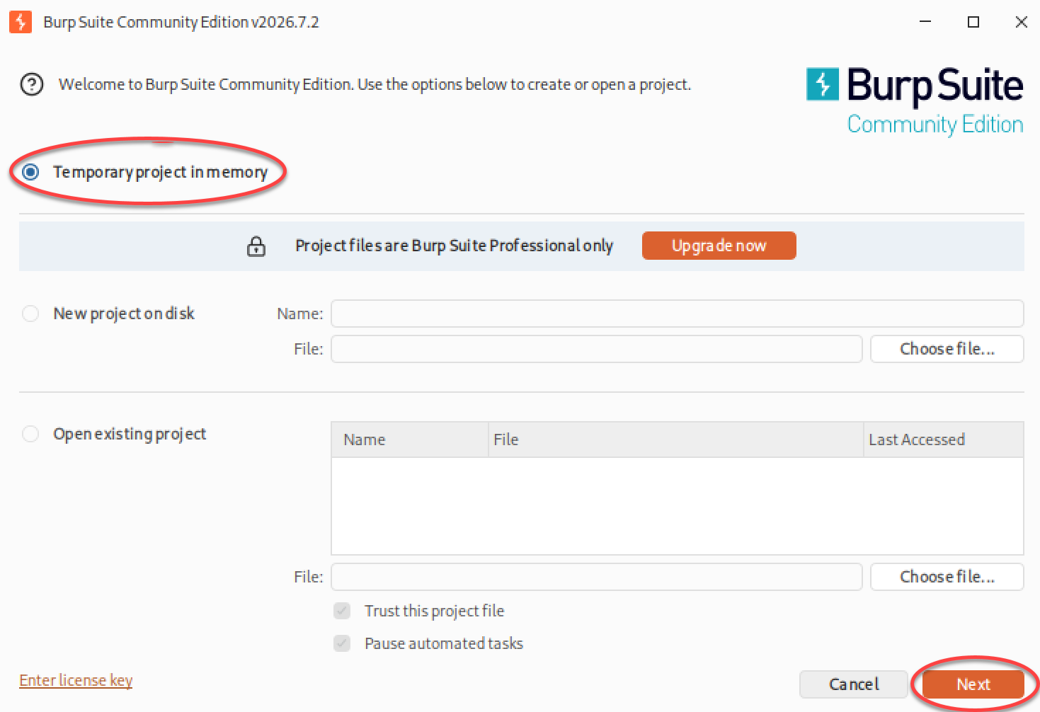 Écran de démarrage de Burp Suite Community Edition avec l’option Temporary project in memory sélectionnée et le bouton Next