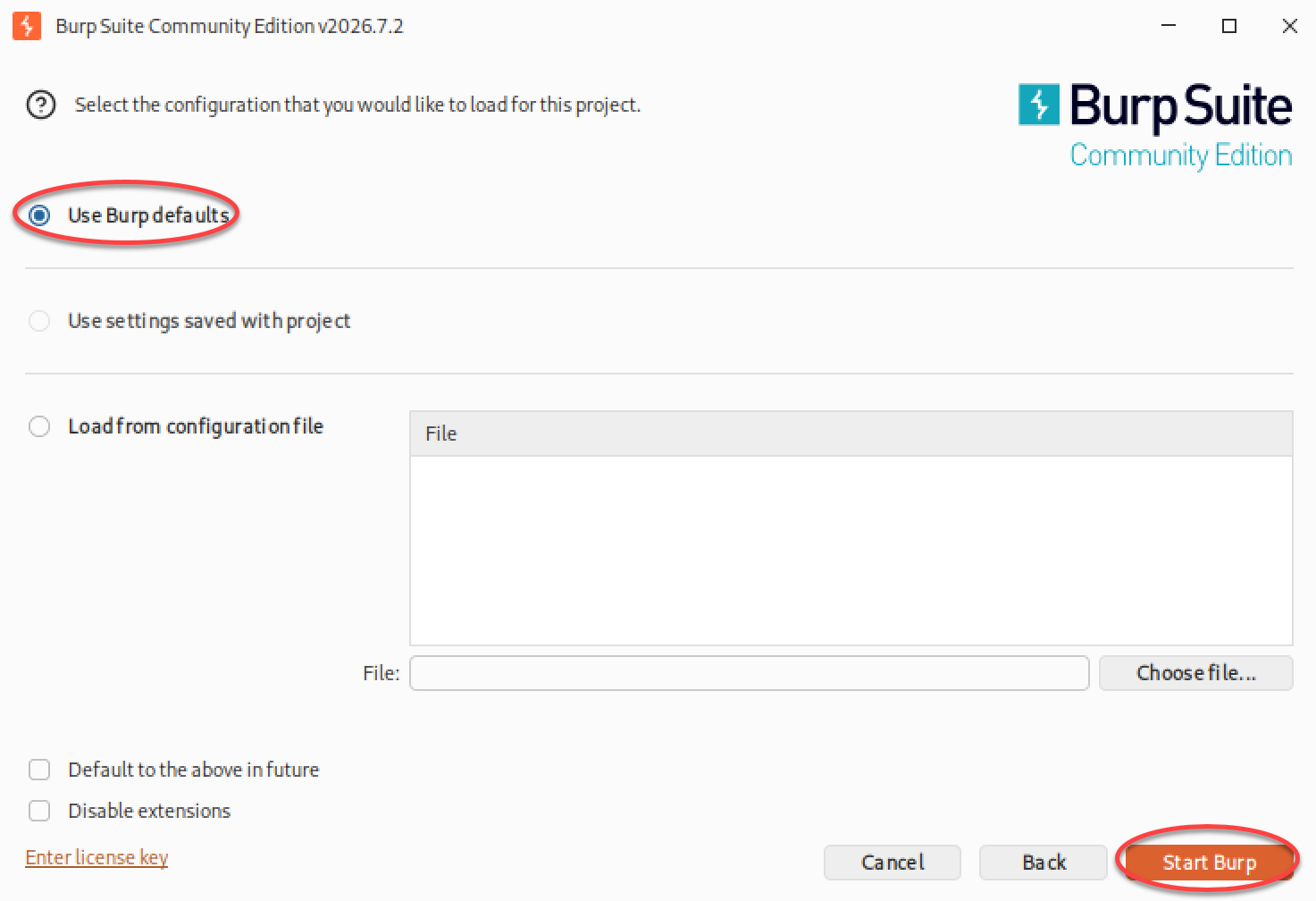 Écran de configuration de Burp Suite Community Edition avec l’option Use Burp defaults sélectionnée et le bouton Start Burp