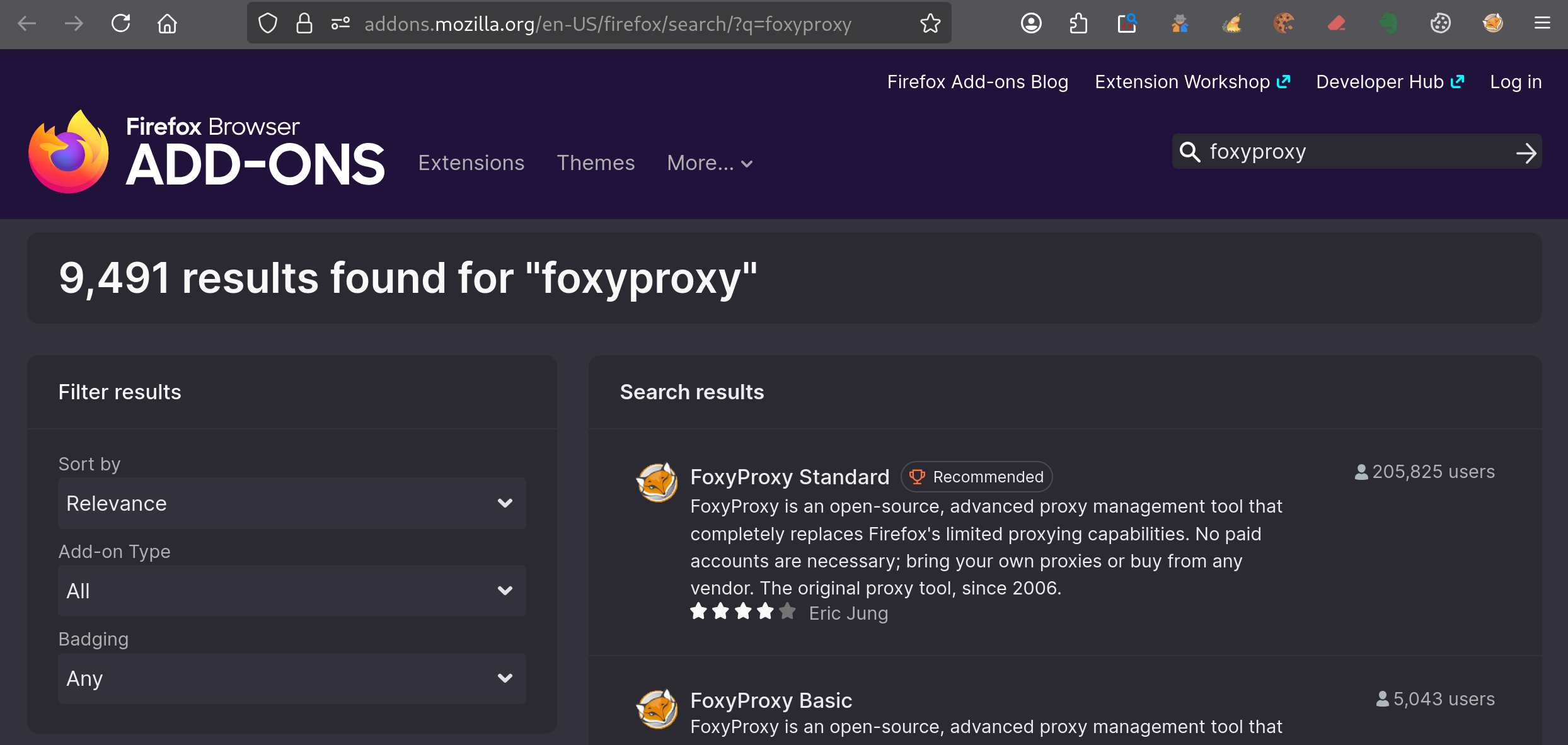 Résultats de recherche des extensions Firefox montrant FoxyProxy Standard