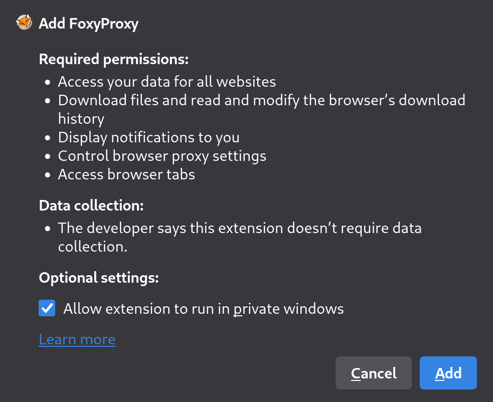 Fenêtre Firefox affichant les permissions demandées lors de l’installation de FoxyProxy