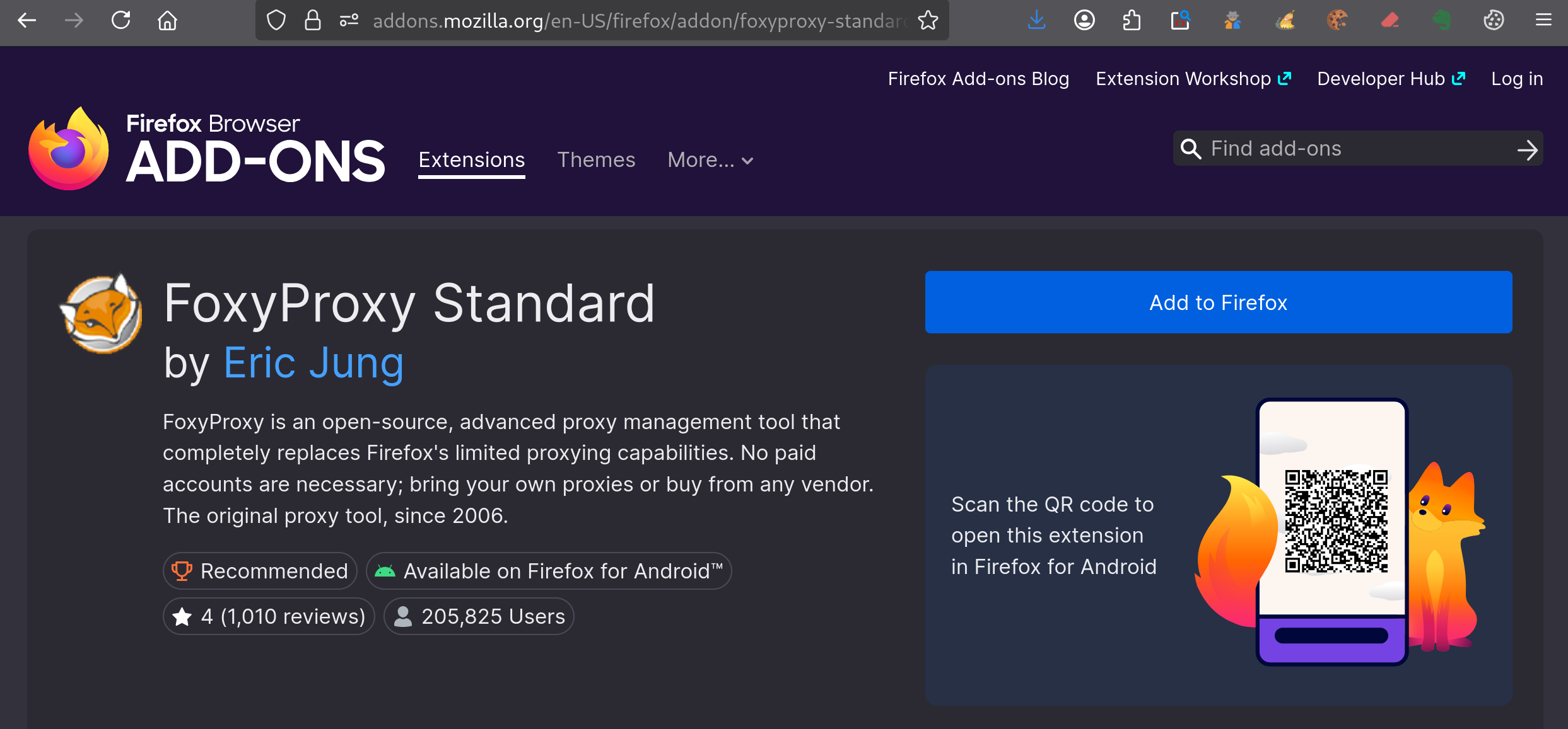 Page de l’extension FoxyProxy Standard dans Firefox avec le bouton Add to Firefox
