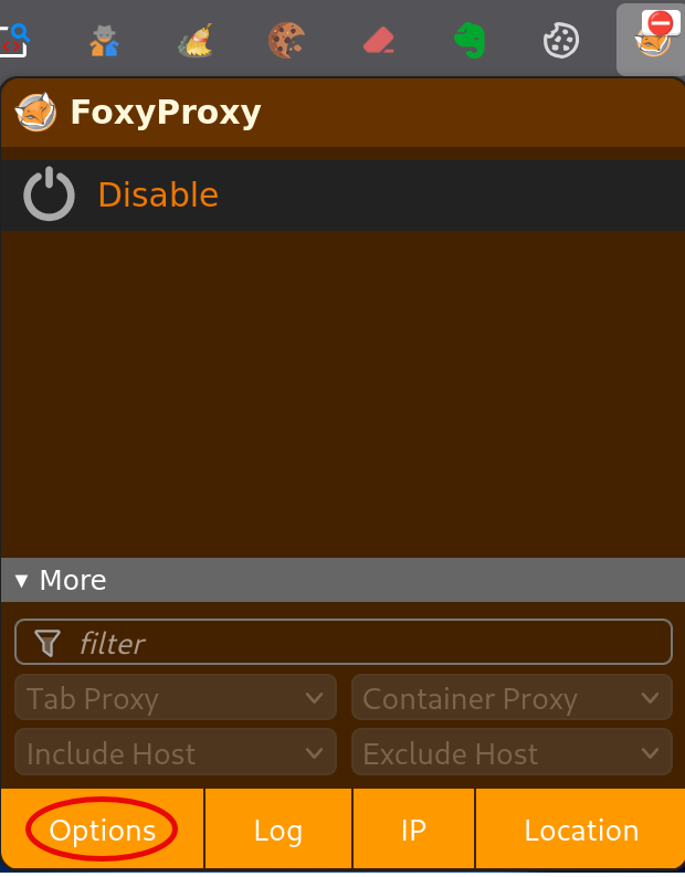 Menu de FoxyProxy dans Firefox avec le bouton Options permettant d’ouvrir sa configuration