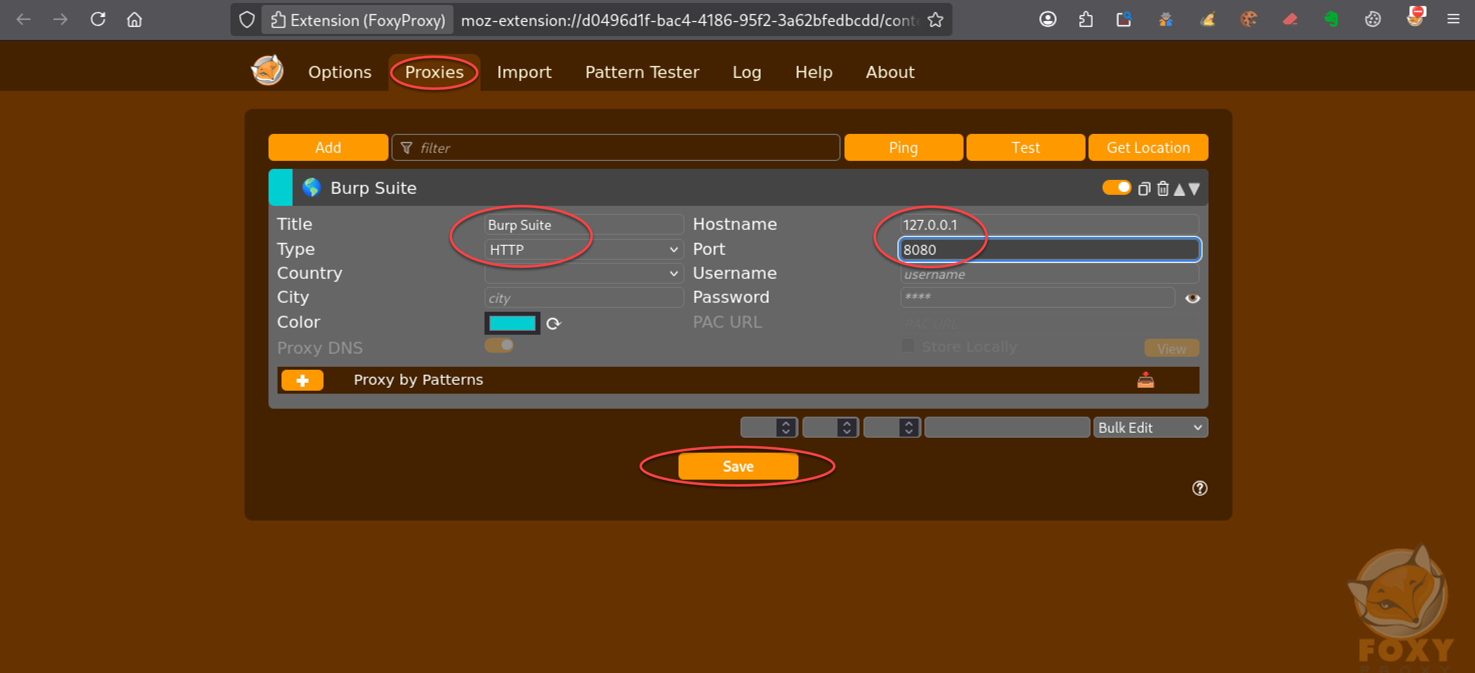 Configuration du proxy Burp Suite dans FoxyProxy avec l’adresse 127.0.0.1 et le port 8080