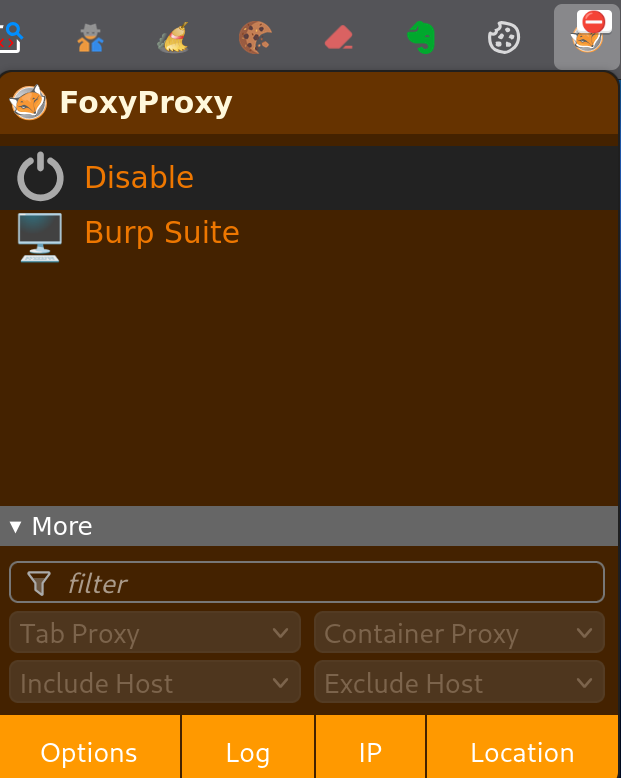Menu FoxyProxy avec le profil Burp Suite disponible pour activation