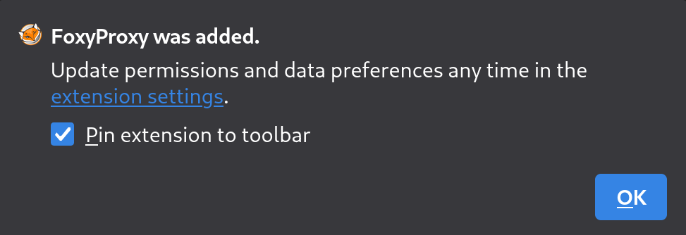 Confirmation dans Firefox que l’extension FoxyProxy a bien été installée