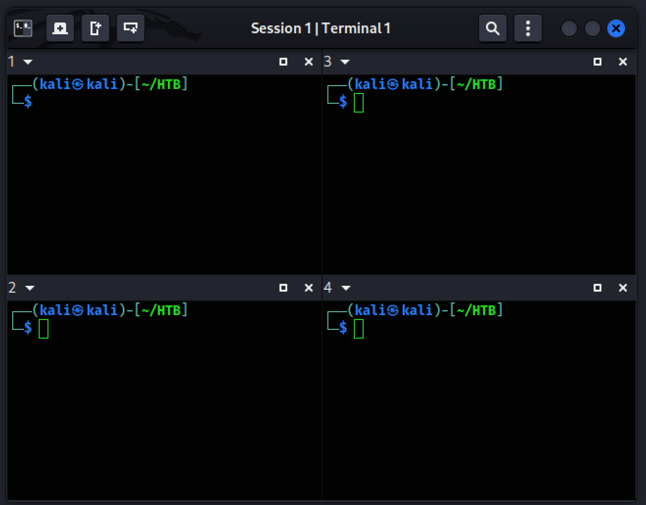 Workspace Tilix 4 fenêtres sous Kali Linux pour la résolution de challenges CTF
