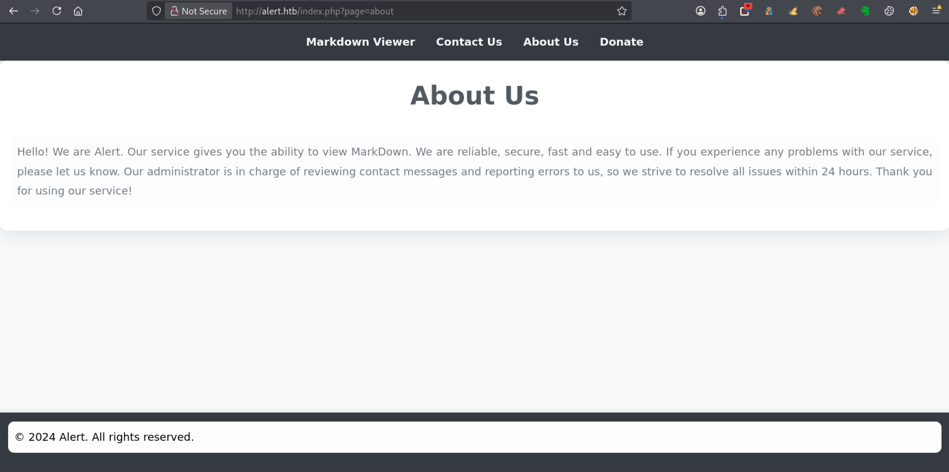 Page About Us indiquant que l’administrateur consulte les messages sur alert.htb