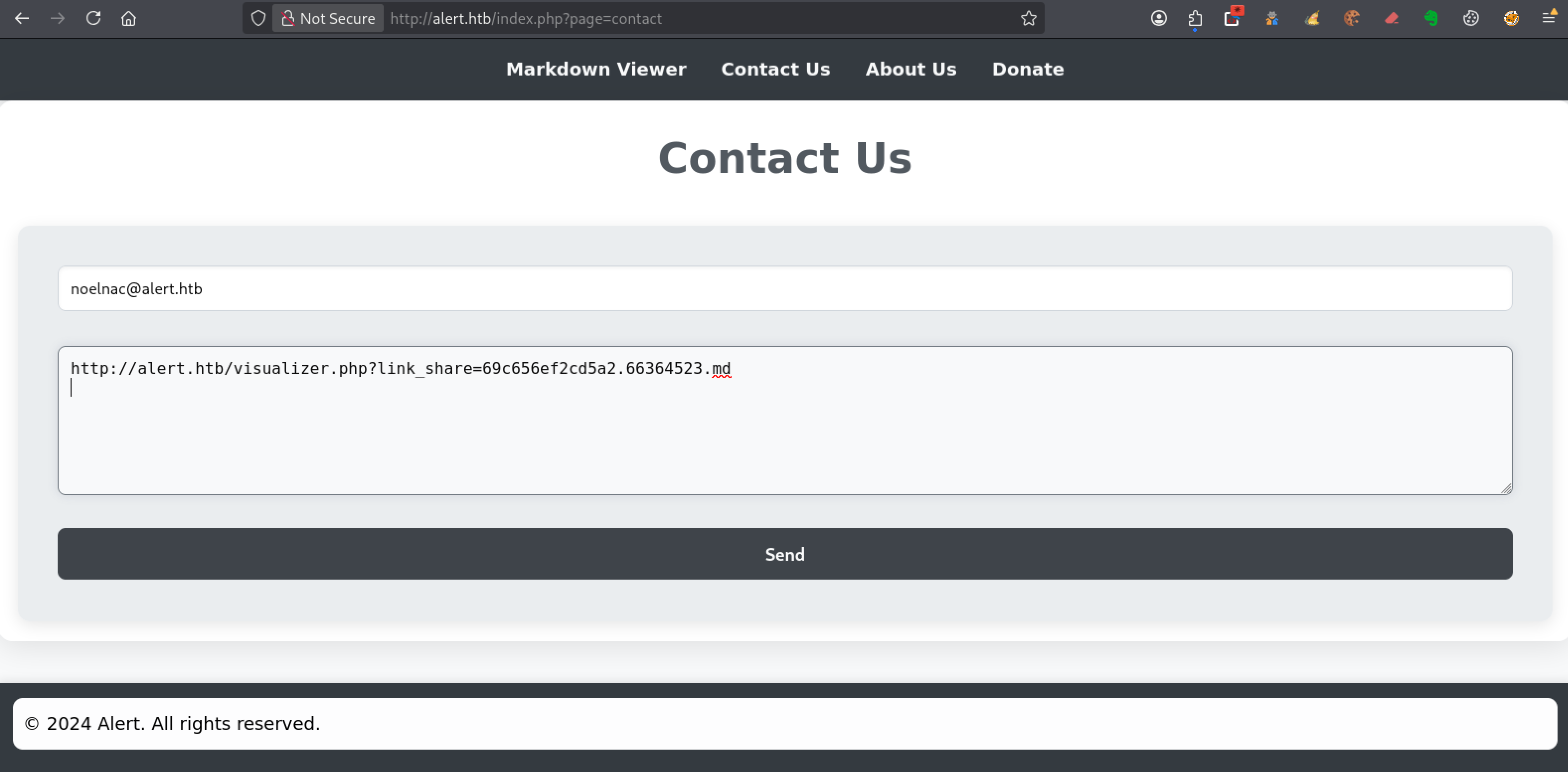 Formulaire Contact Us utilisé pour envoyer à l’administrateur le lien Markdown contenant le payload XSS sur alert.htb