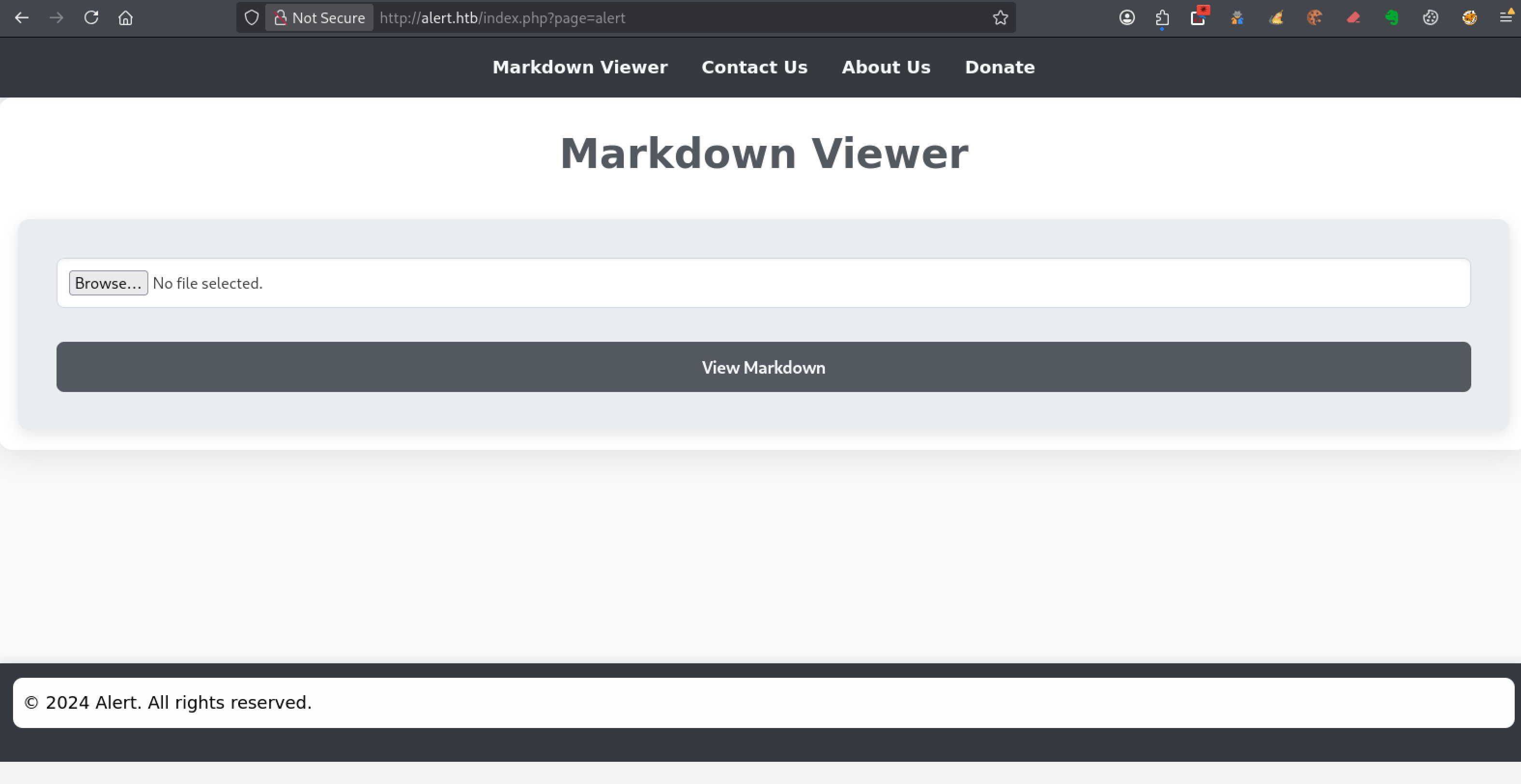 Interface Markdown Viewer avec upload de fichier Markdown et bouton Browse sur alert.htb