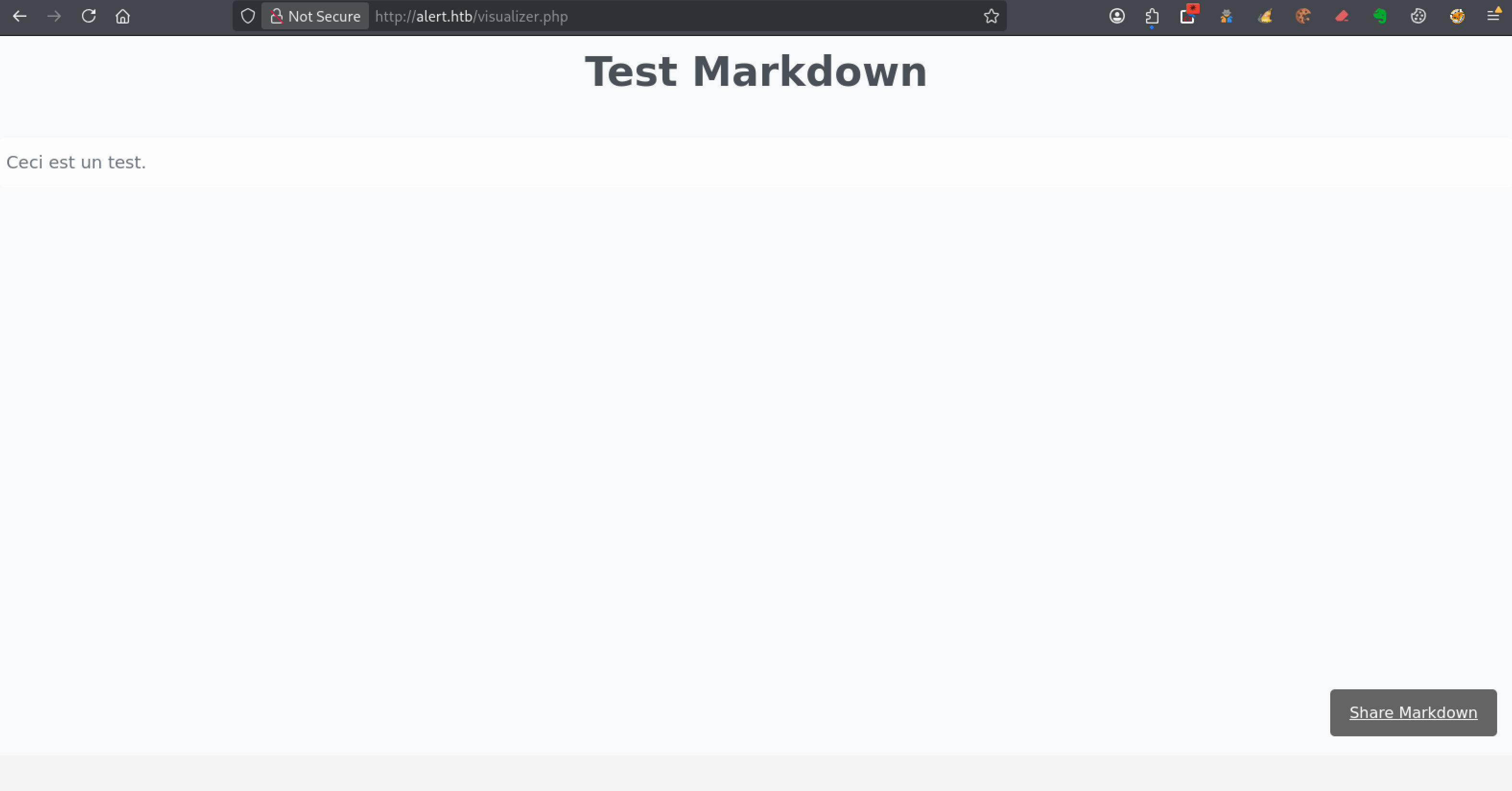 Affichage du fichier test.md dans Markdown Viewer après upload sur alert.htb