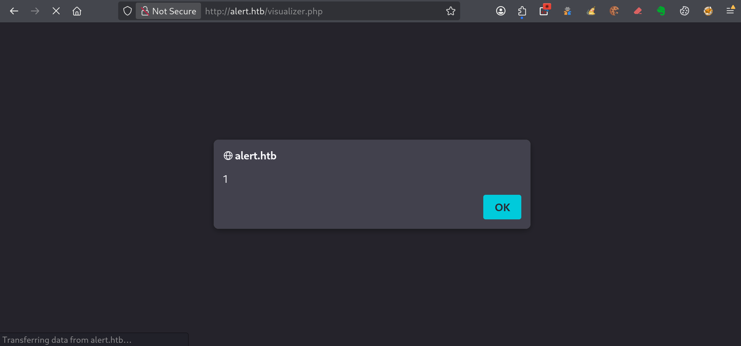 Alerte JavaScript déclenchée par une faille XSS dans Markdown Viewer sur alert.htb