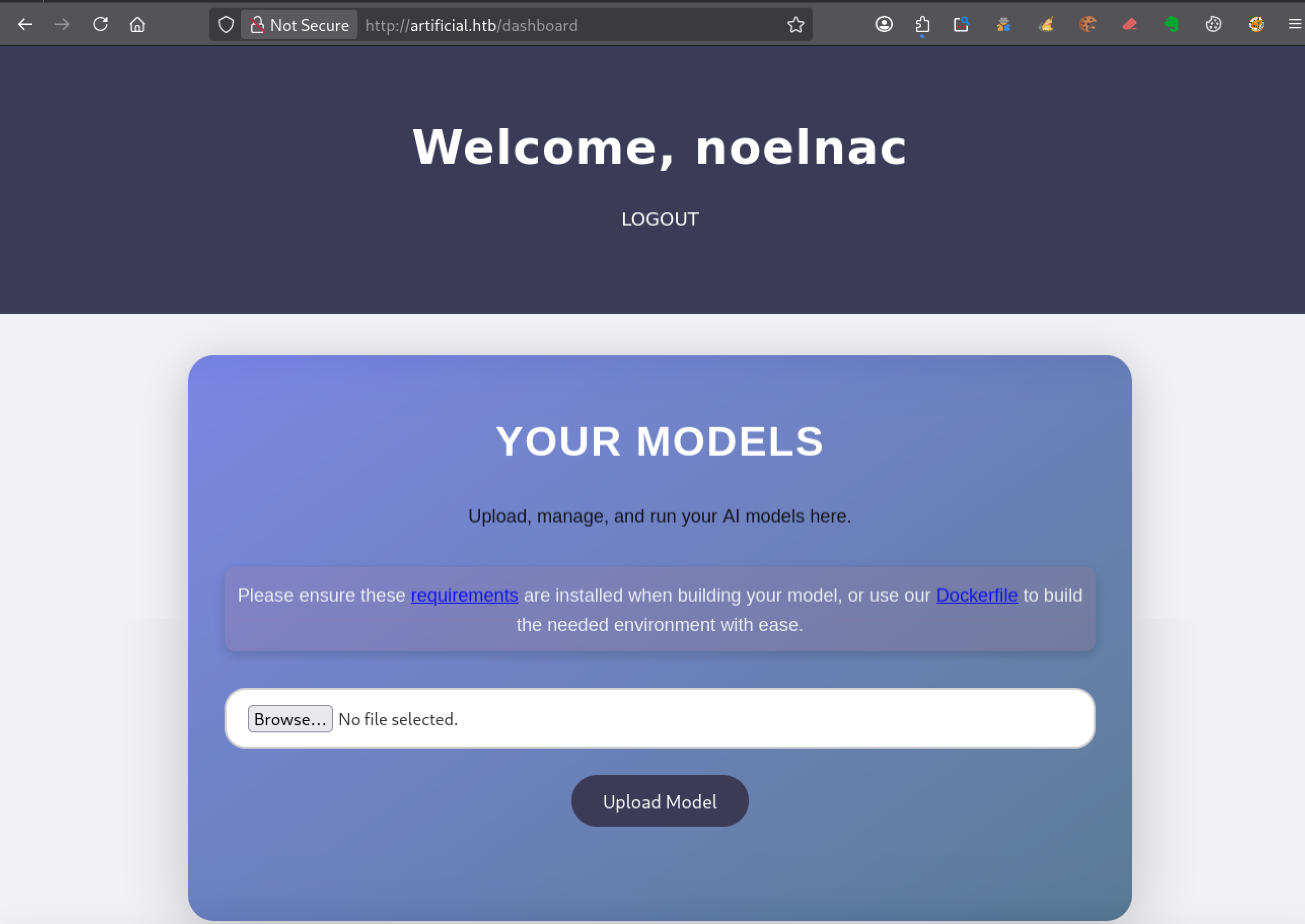 Dashboard Artificial HTB après authentification avec interface d’upload de modèles AI et gestion des fichiers