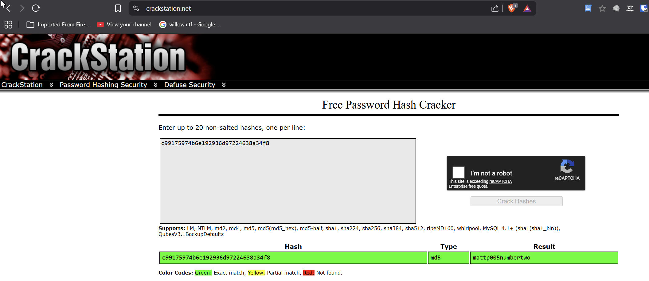 Interface CrackStation montrant le déchiffrement du hash MD5 de l’utilisateur gael révélant le mot de passe mattp005numbertwo