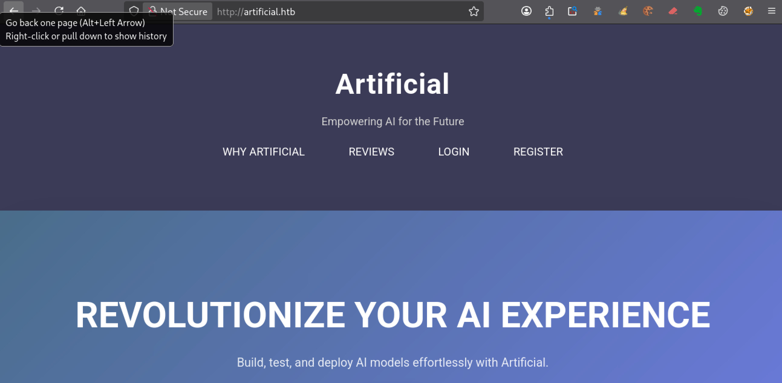 Page d’accueil Artificial HTB avec exemple de code Python TensorFlow et présentation d’une plateforme de test de modèles d’intelligence artificielle