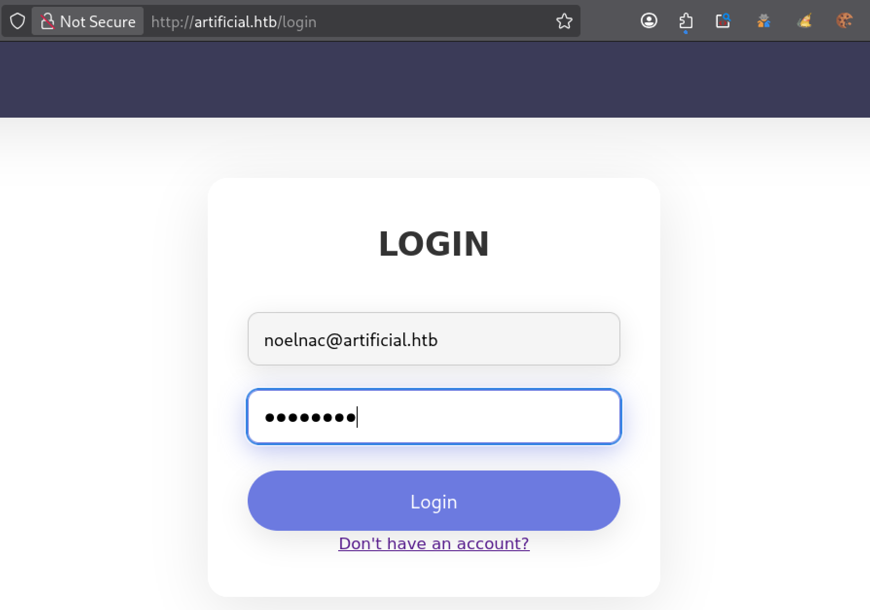 Page de connexion Artificial HTB avec formulaire d’authentification utilisateur (email et mot de passe)