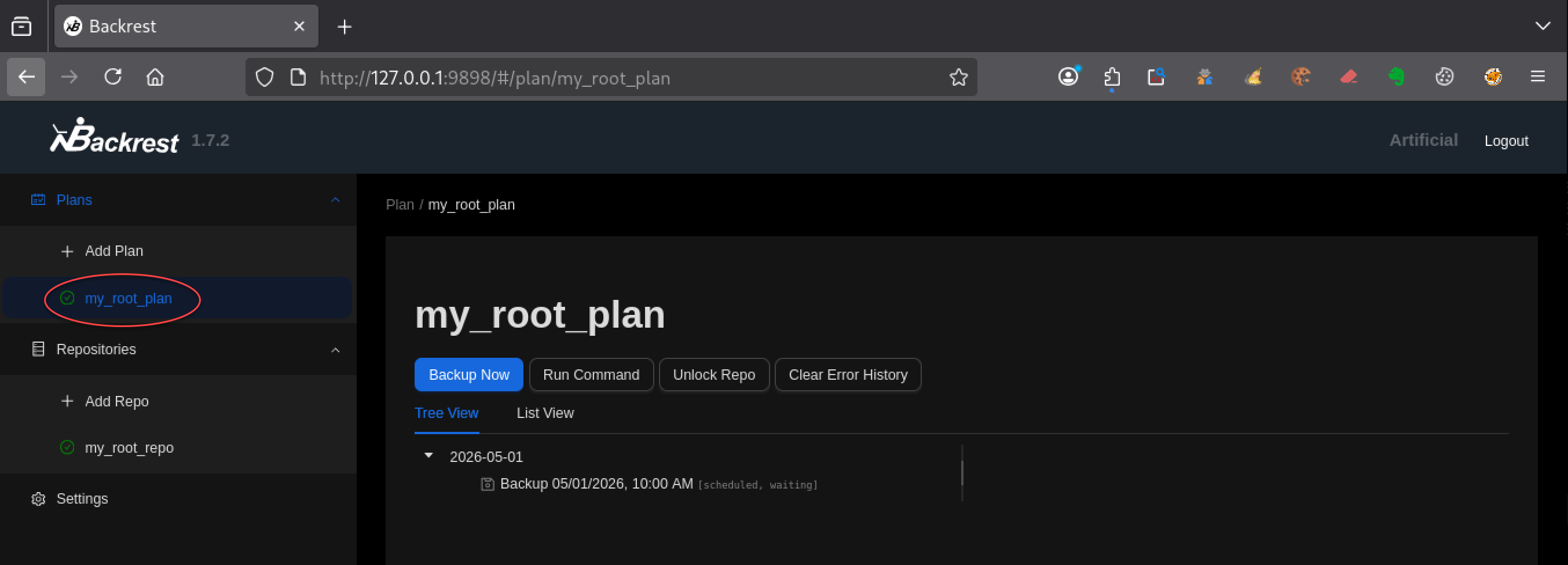 Lancement d’un backup Backrest générant un snapshot du répertoire /root