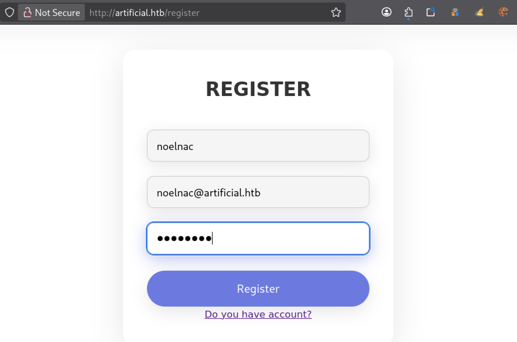 Page d’inscription Artificial HTB avec formulaire de création de compte (username, email, mot de passe)