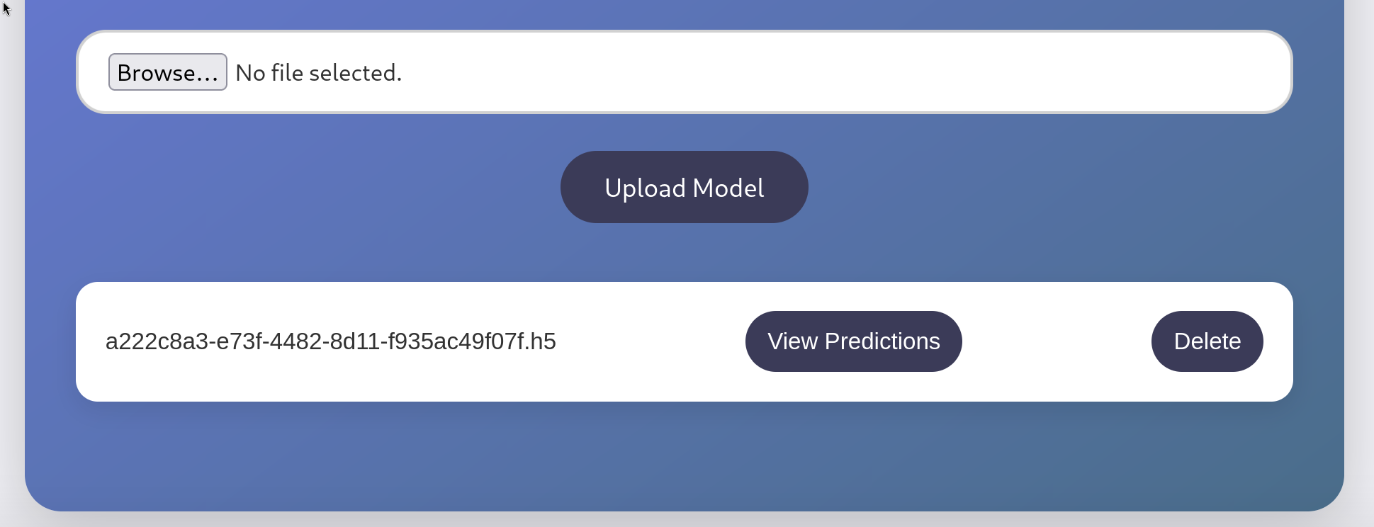 Interface du dashboard Artificial HTB montrant un modèle .h5 uploadé avec les boutons “View Predictions” et “Delete” permettant de tester le chargement du modèle côté serveur