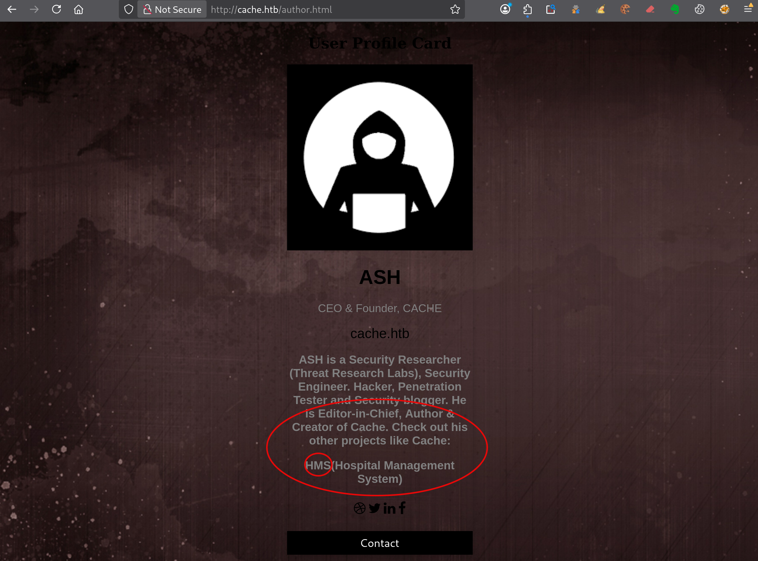 Mention de l’application HMS dans la page de présentation de l’auteur