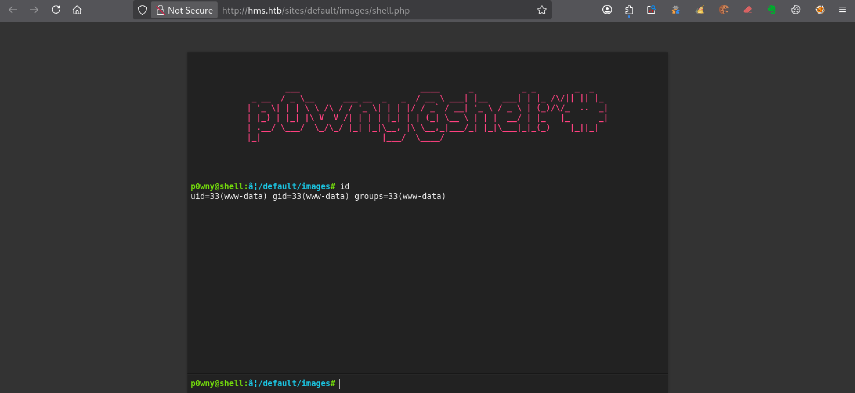 Webshell p0wny@shell exécutant la commande id en tant que www-data