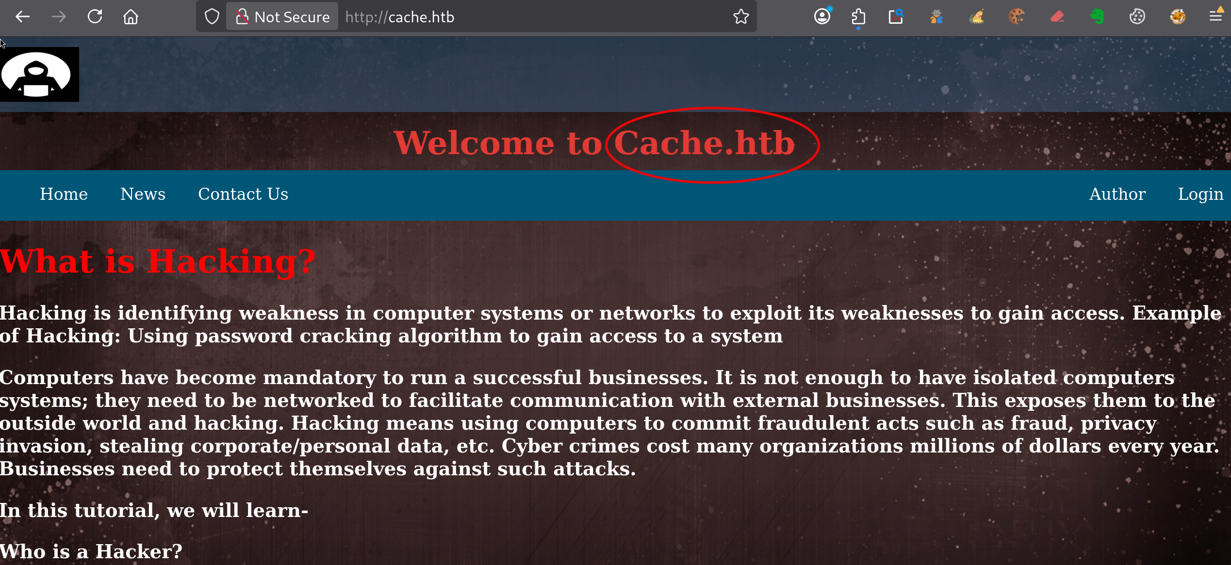 Page d’accueil de l’application web cache.htb
