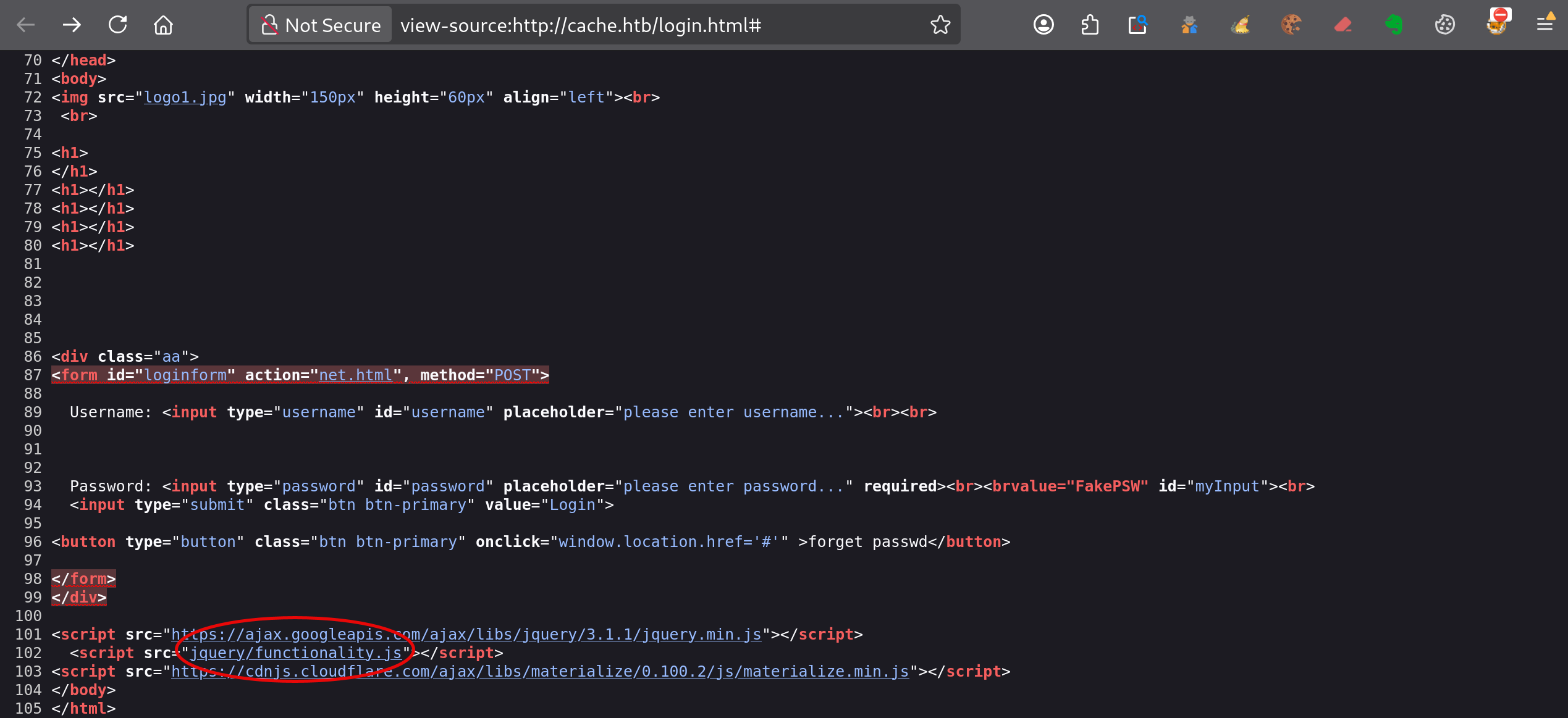 Code source de la page de connexion de cache.htb