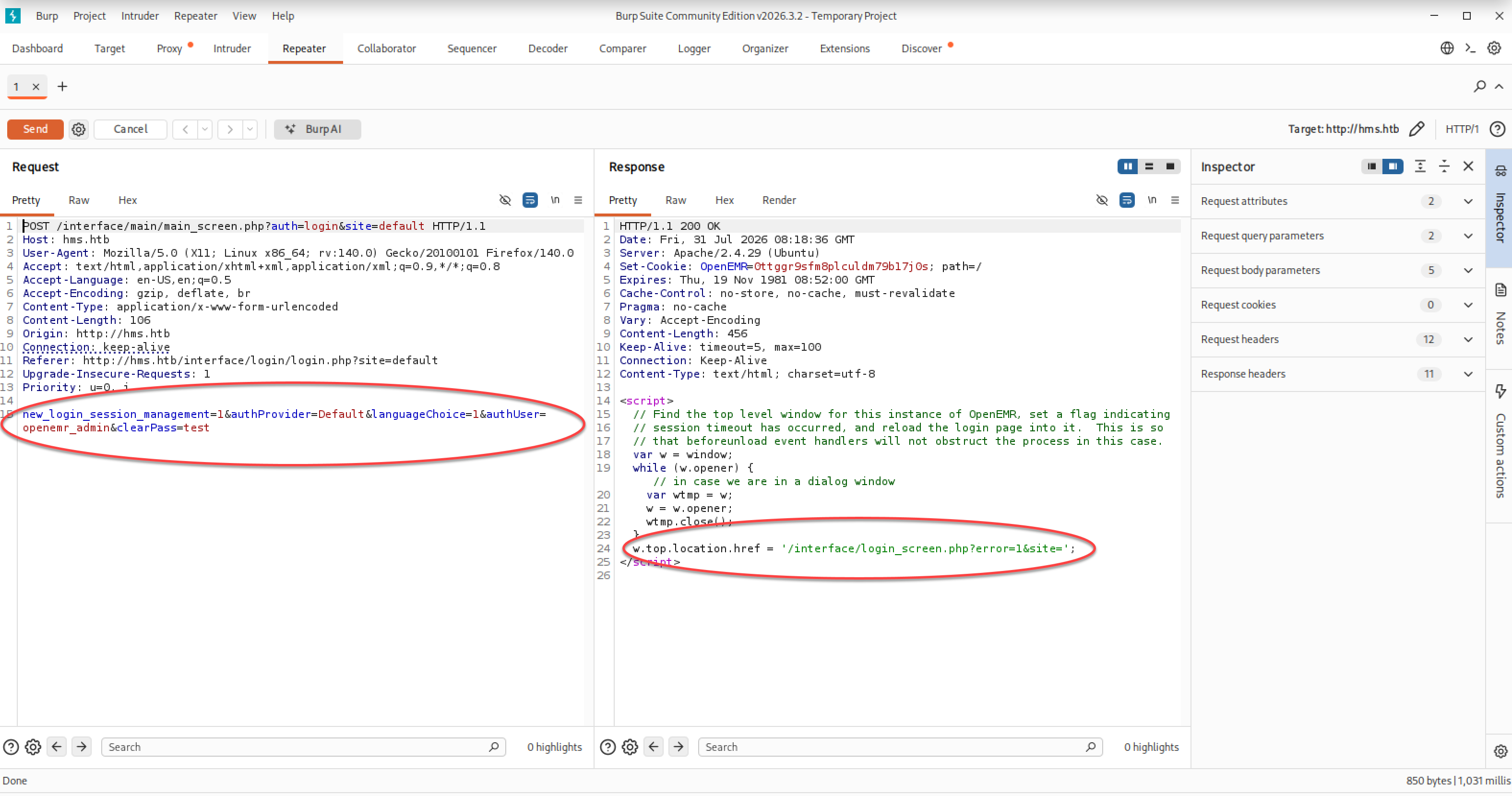 Tentative de connexion OpenEMR avec un mauvais mot de passe dans Burp Suite
