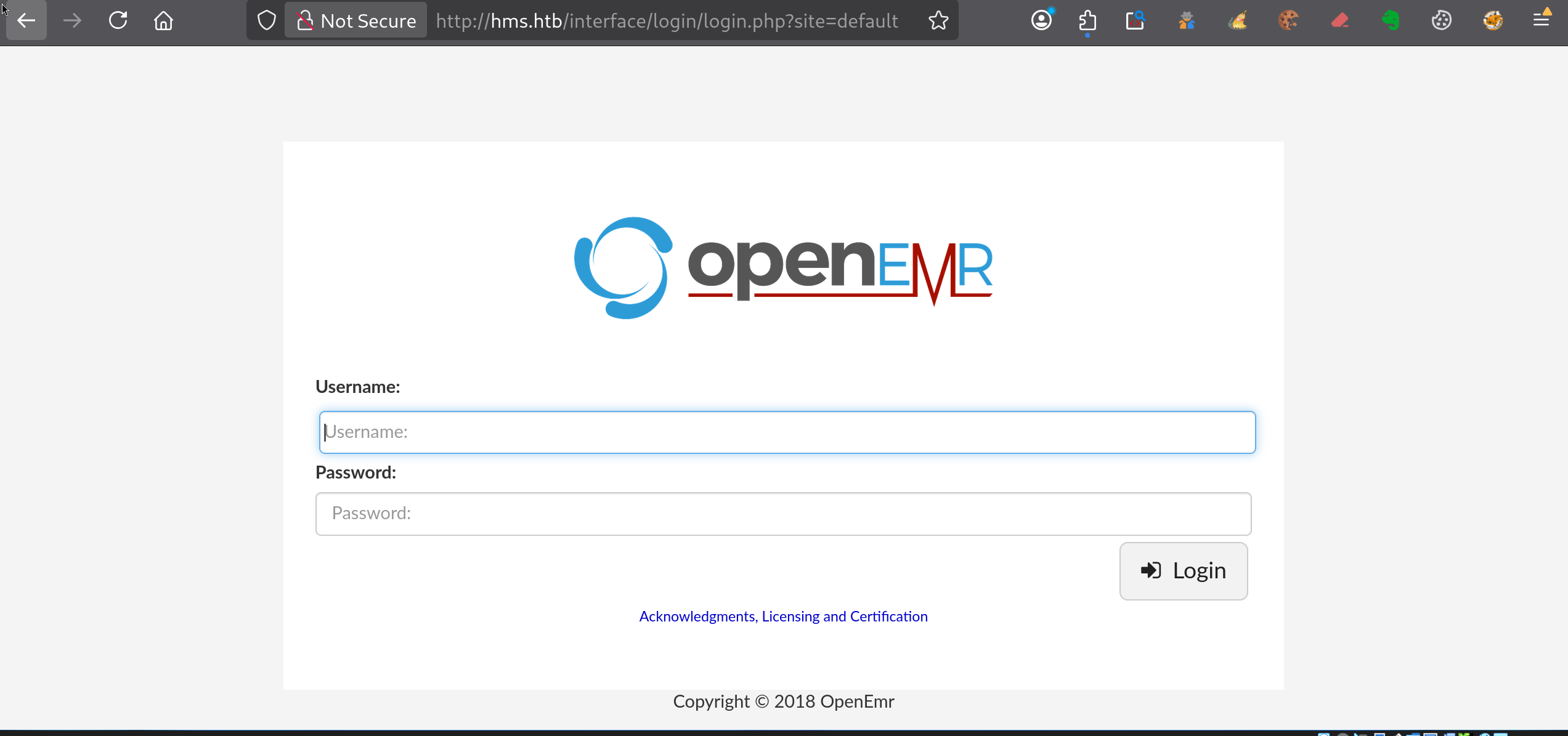 Page de connexion OpenEMR sur hms.htb