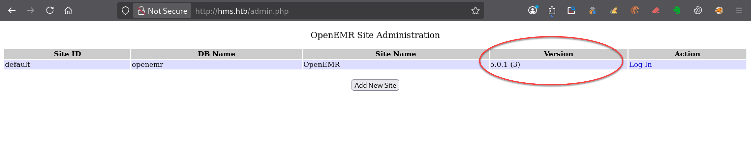 Page d’administration d’OpenEMR affichant la version 5.0.1 (3)