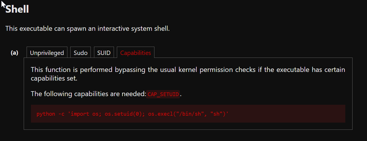 Extrait de GTFOBins expliquant comment exploiter la capability CAP_SETUID avec Python pour obtenir un shell root
