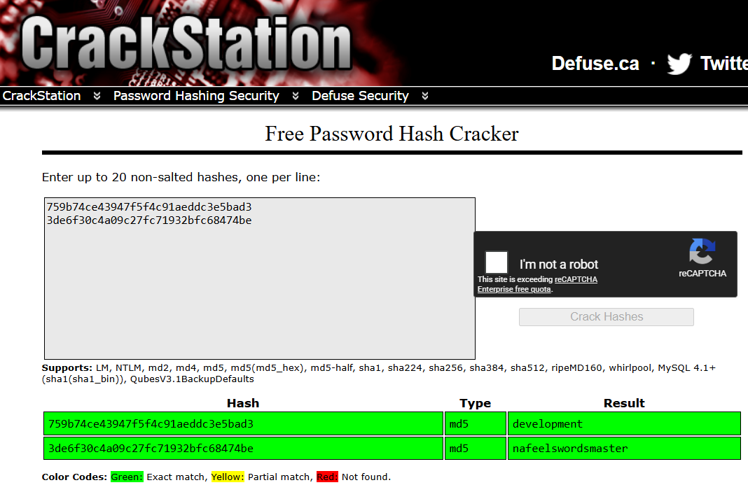 Résultat du crack de hashes MD5 sur CrackStation montrant les mots de passe development:development et martin:nafeelswordsmaster