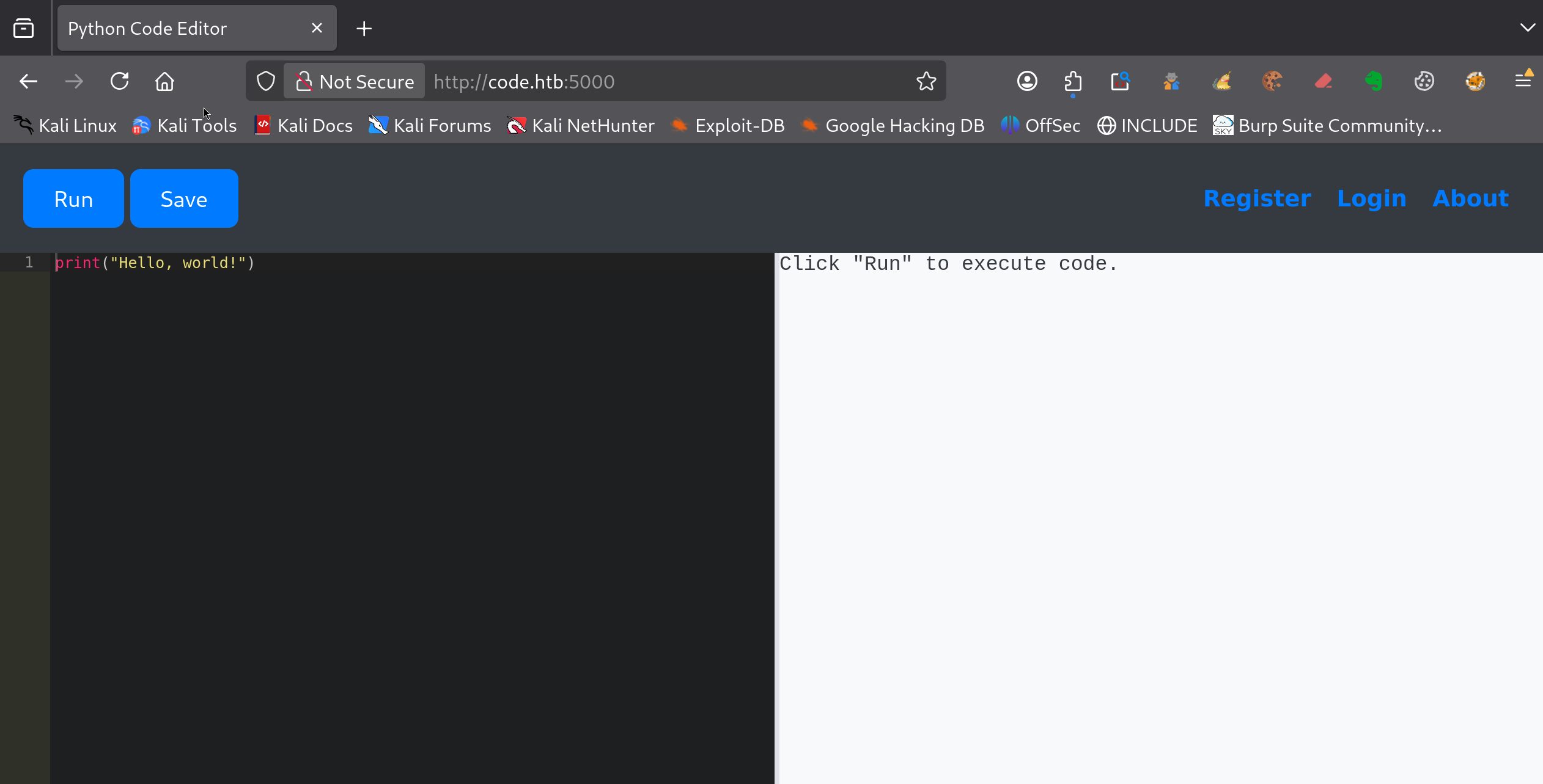 Interface web d’un éditeur de code Python en ligne sur code.htb:5000 avec boutons Run/Save et exécution côté serveur