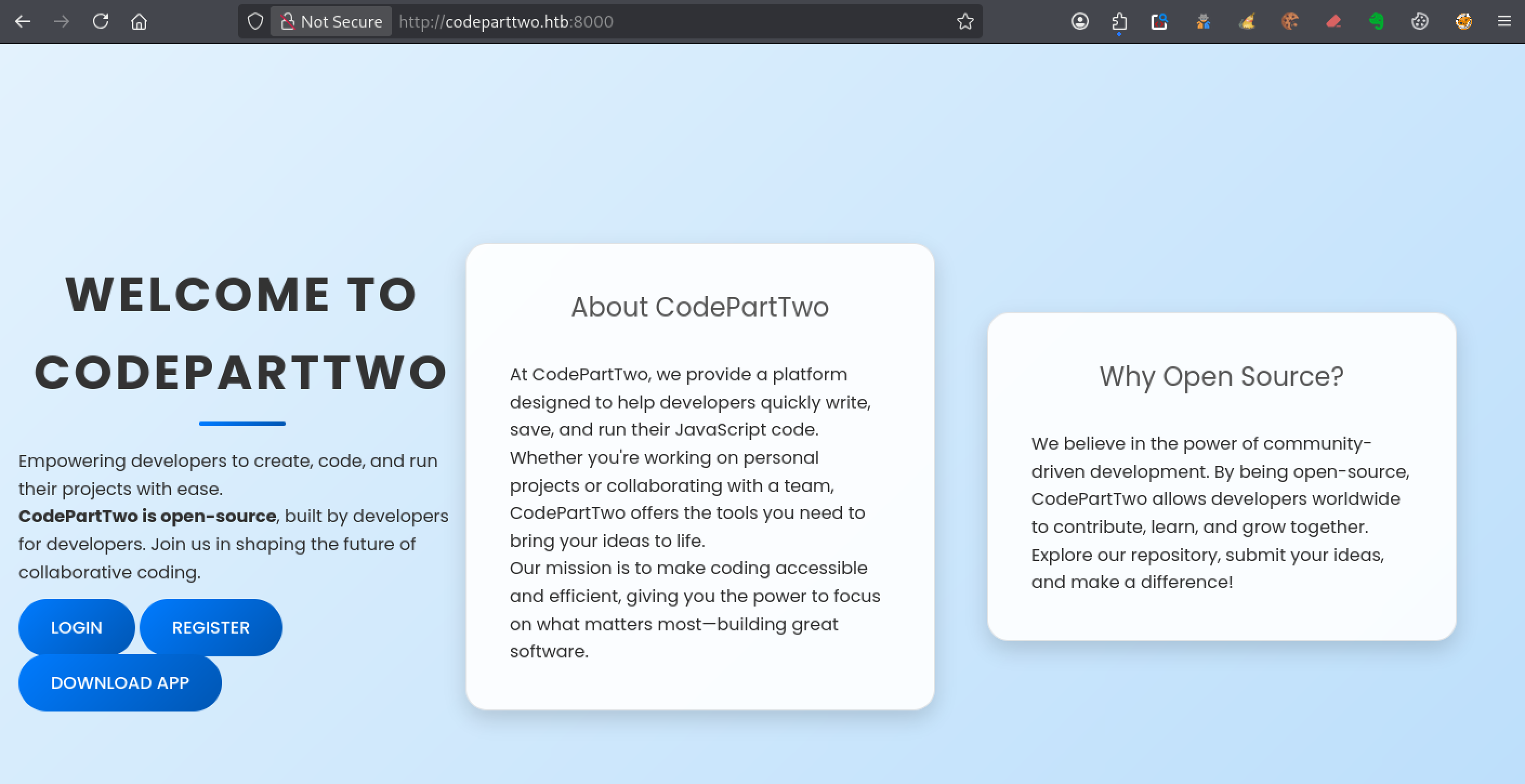 Page d’accueil de l’application CodePartTwo HTB avec les boutons Login, Register et Download App