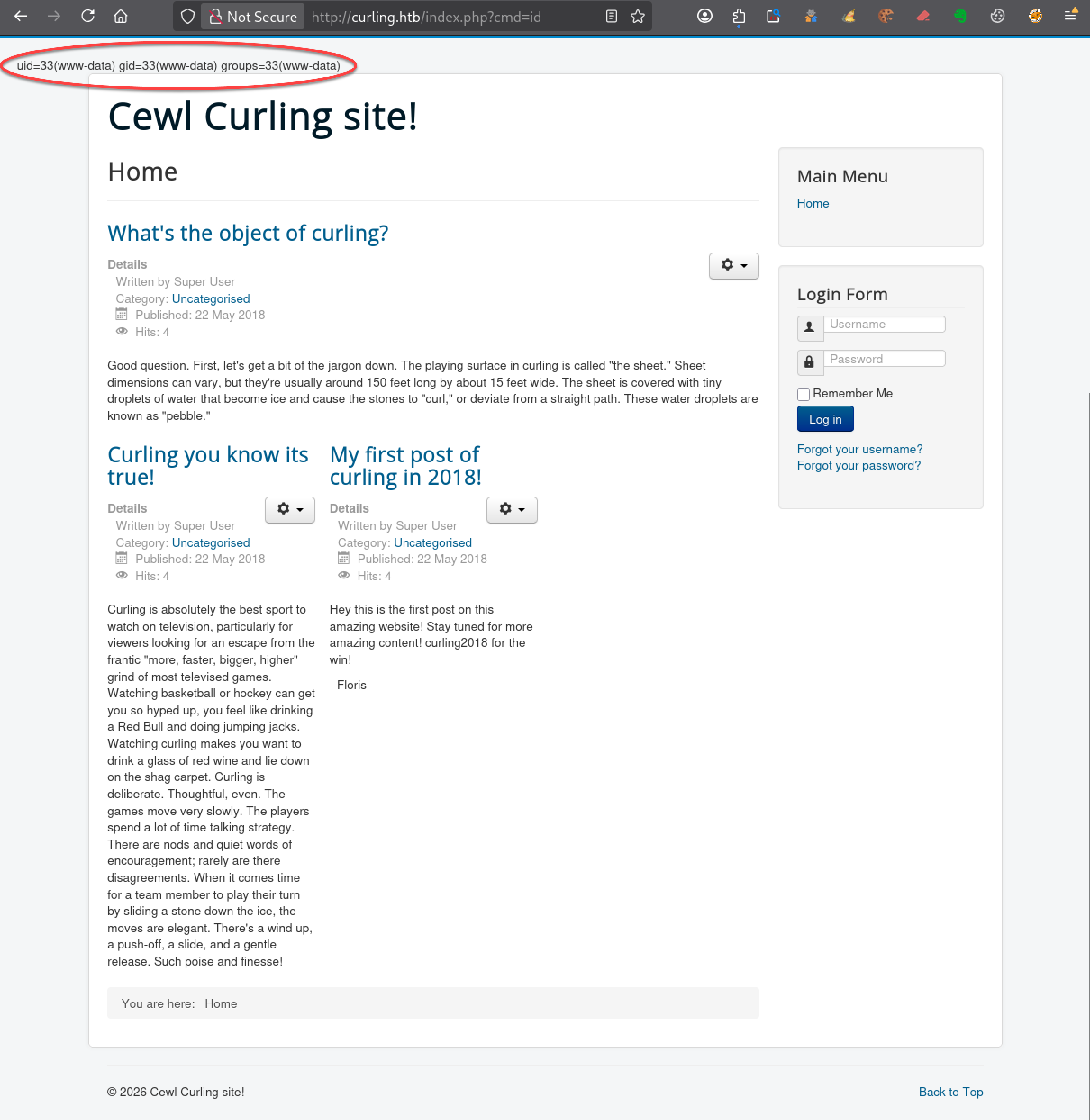 Exécution de commandes système via un webshell Joomla sur Curling HTB Easy avec affichage de l’utilisateur www-data