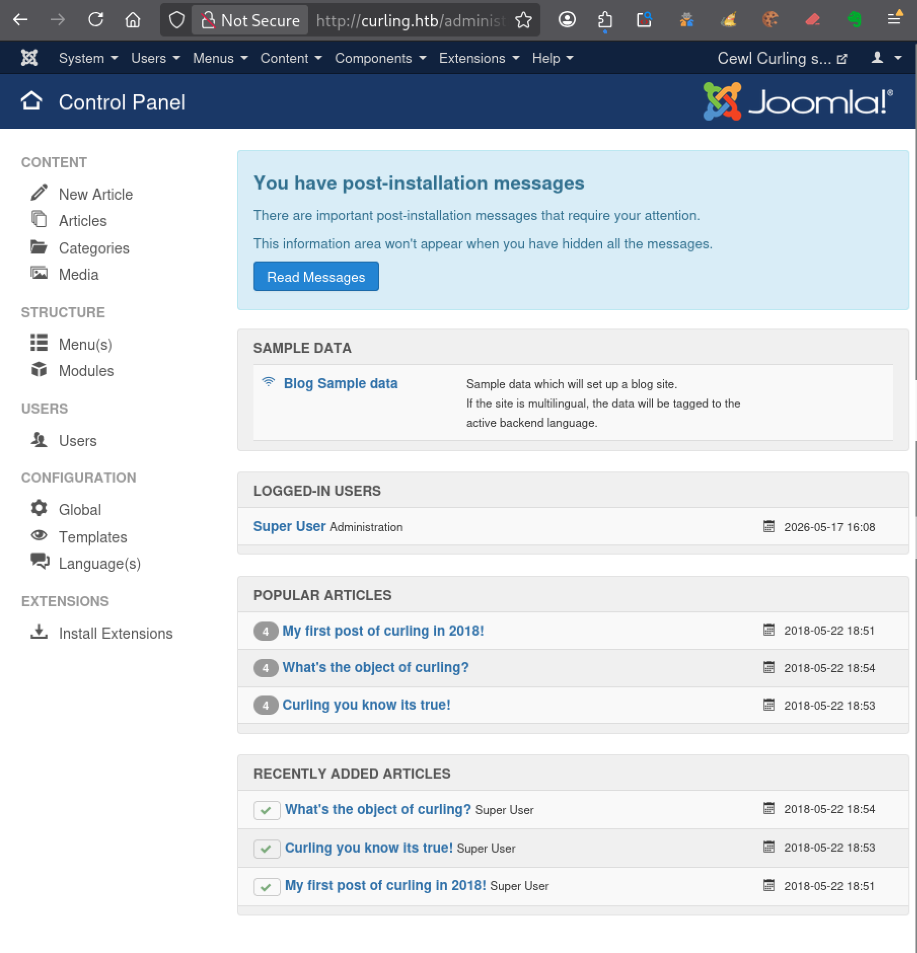 Accès administrateur Joomla obtenu sur Curling HTB Easy après réutilisation des identifiants découverts durant l’énumération