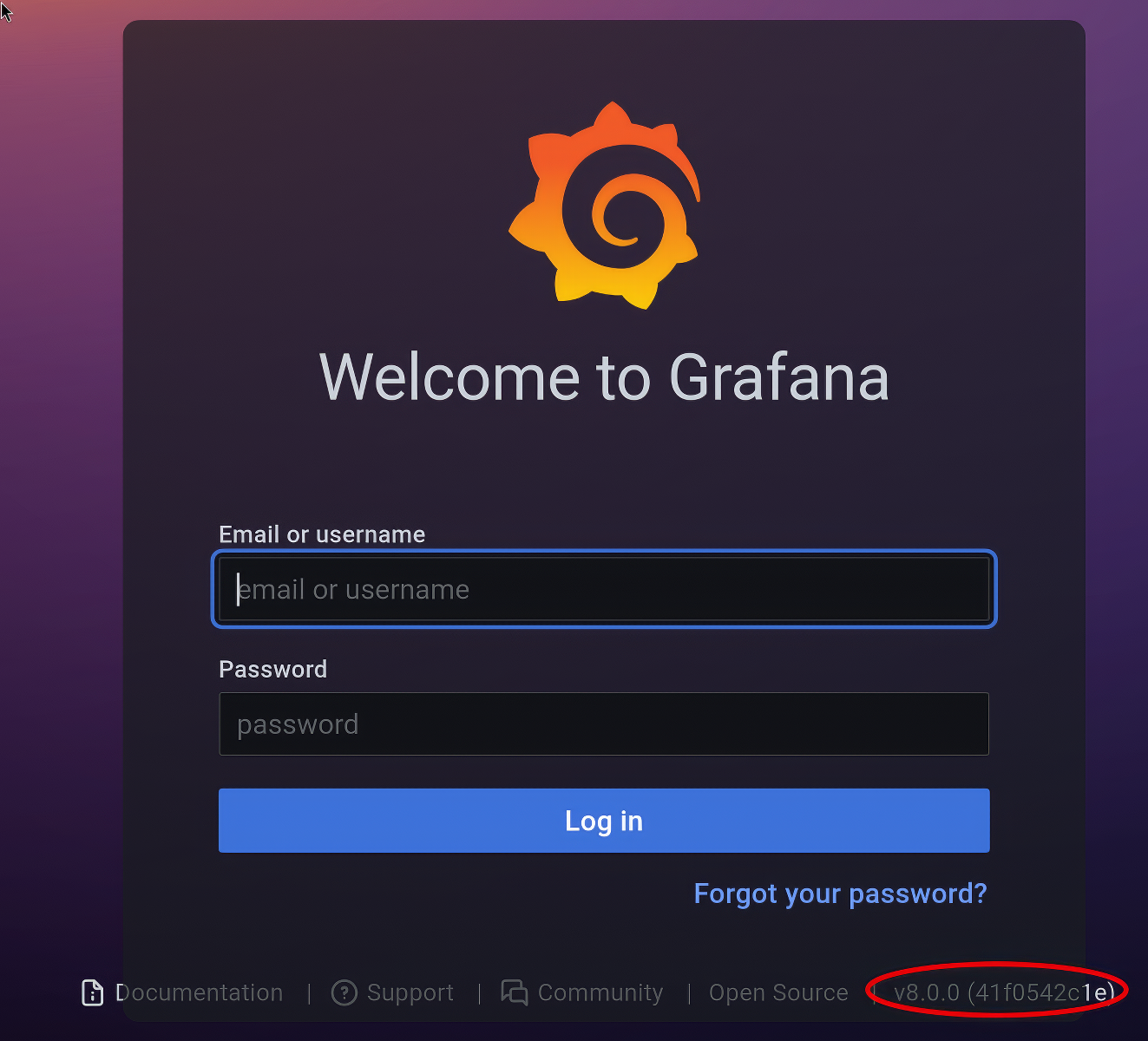 Page de login Grafana sur le port 3000 indiquant la version (v8.0.0)