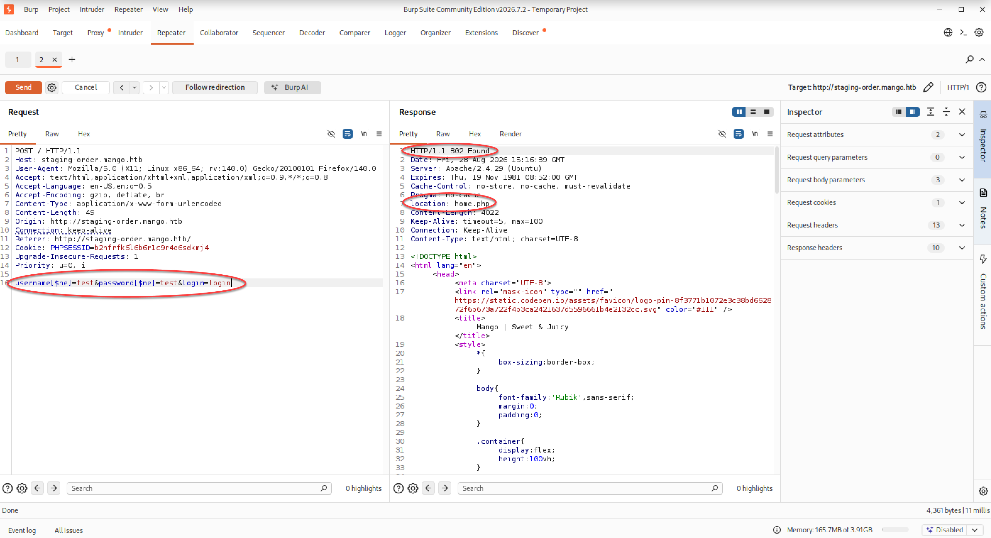 Réponse 302 obtenue avec l’opérateur NoSQL $ne dans Burp Suite