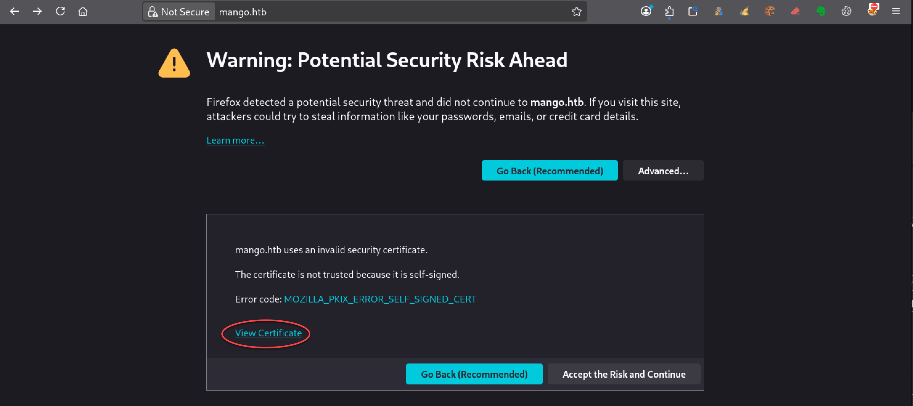 Avertissement de certificat lors de l’accès à https://mango.htb