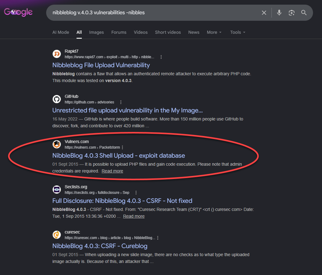 Recherche Google sur les vulnérabilités de Nibbleblog v4.0.3