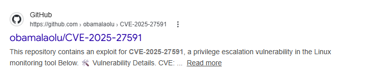 Résultat de recherche GitHub montrant le dépôt obamalaolu/CVE-2025-27591 contenant un exploit d’escalade de privilèges pour Below
