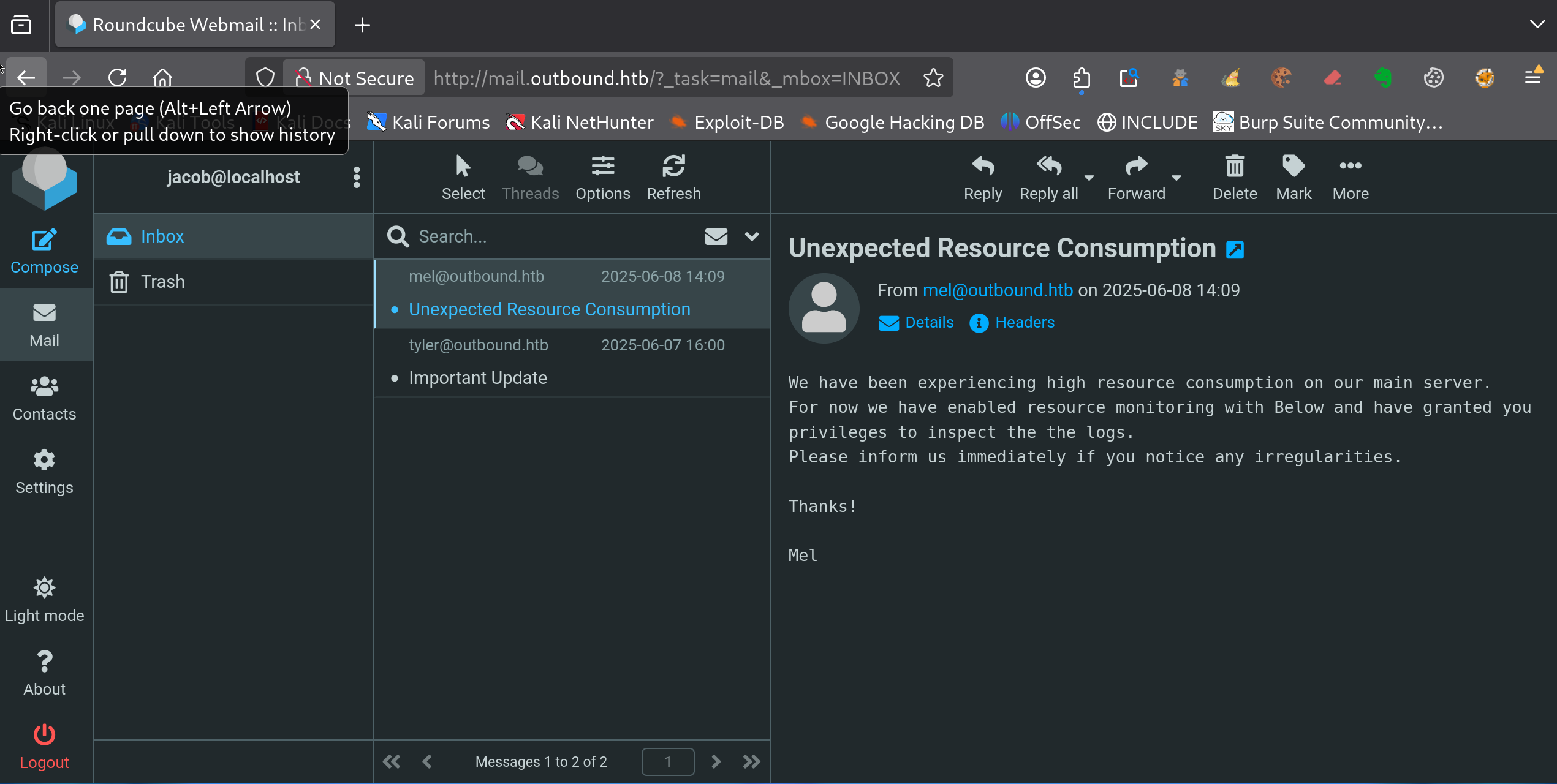 Boîte mail Roundcube de l’utilisateur jacob affichant un message “Unexpected Resource Consumption” indiquant l’activation de l’outil Below pour surveiller la consommation de ressources sur outbound.htb